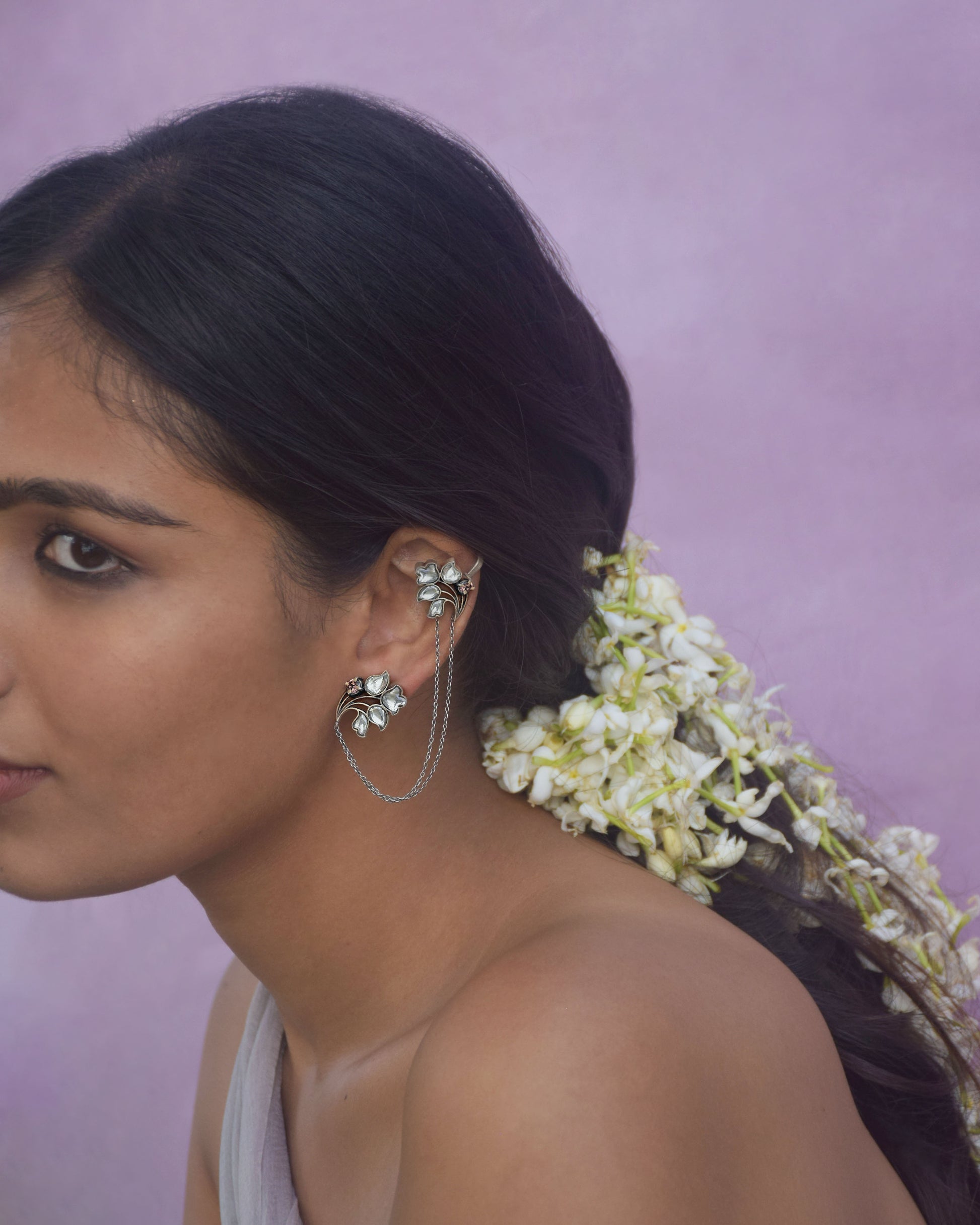 Nuvi Jewels Menaka Earcuffs in 92.5 silver with delicate chains connecting stud and cuff floral motifs