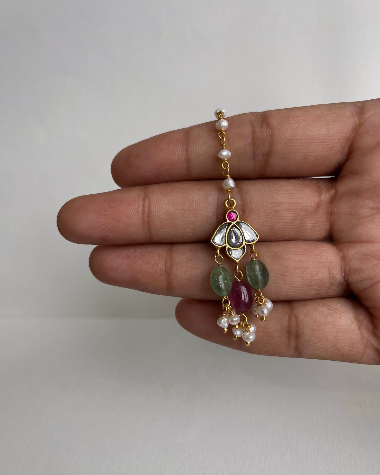 Nuvi Jewels statement maang tikka made in sterling silver with gold plating and kundan jadau stones