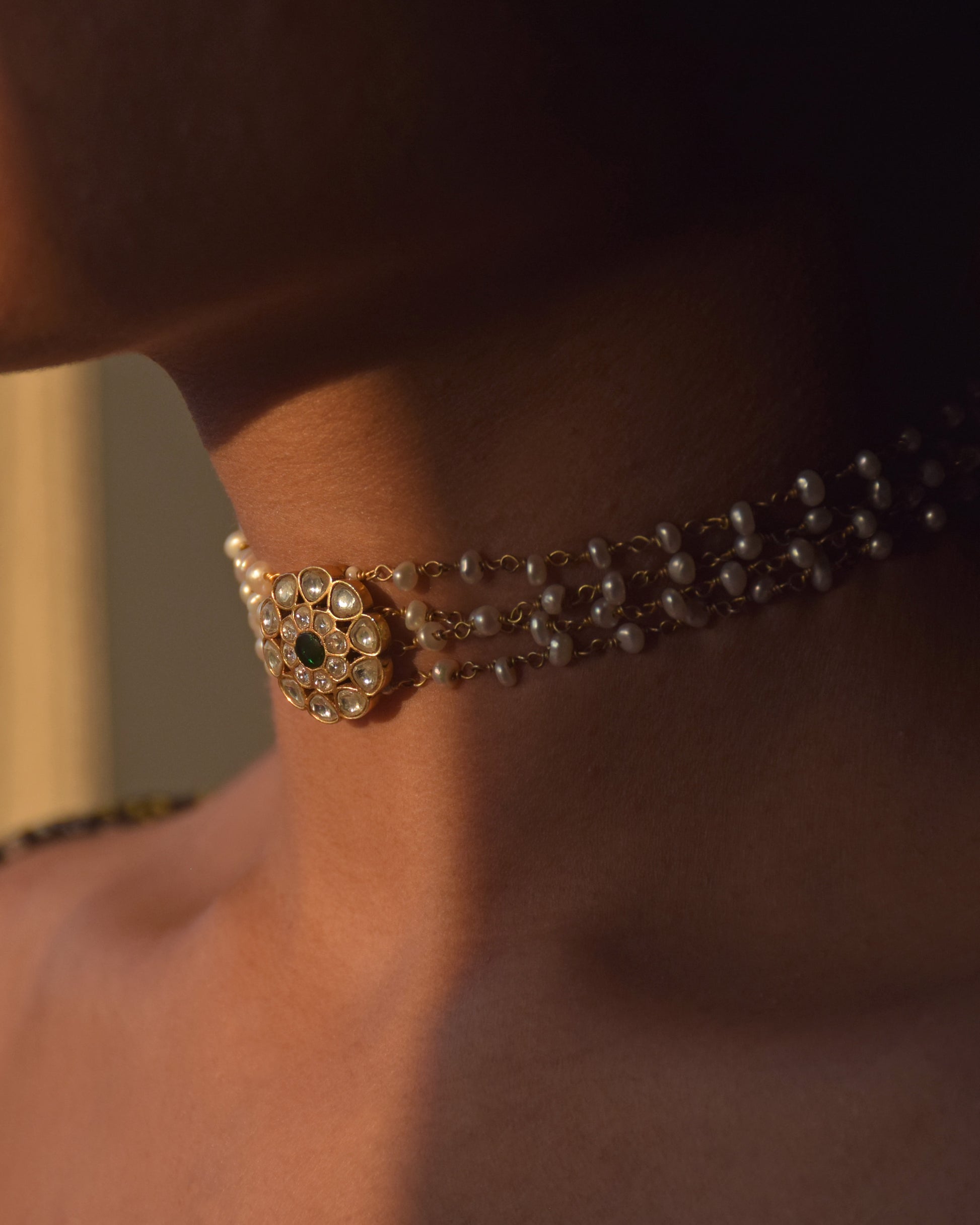 Statement Nuvi Jewels choker in sterling silver gold plated with freshwater pearls and intricate design 92.5 silver Kundan necklace
Silver Kundan choker