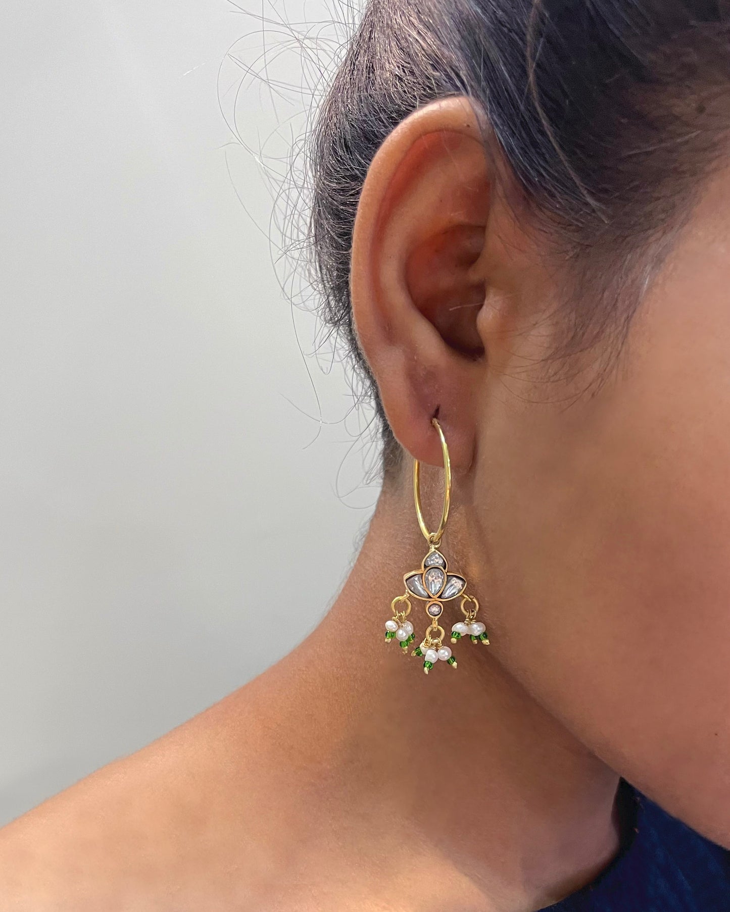 Statement Nuvi Jewels hoop earrings in sterling silver gold plated with dangling freshwater pearl jhumkis