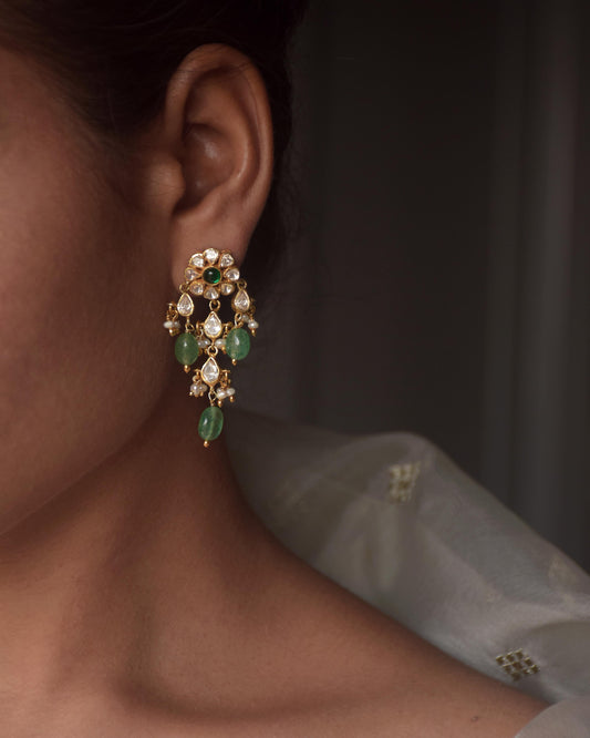 Nuvi Jewels 925 sterling silver moissanite polki earrings with floral studs and green aventurine drop beads