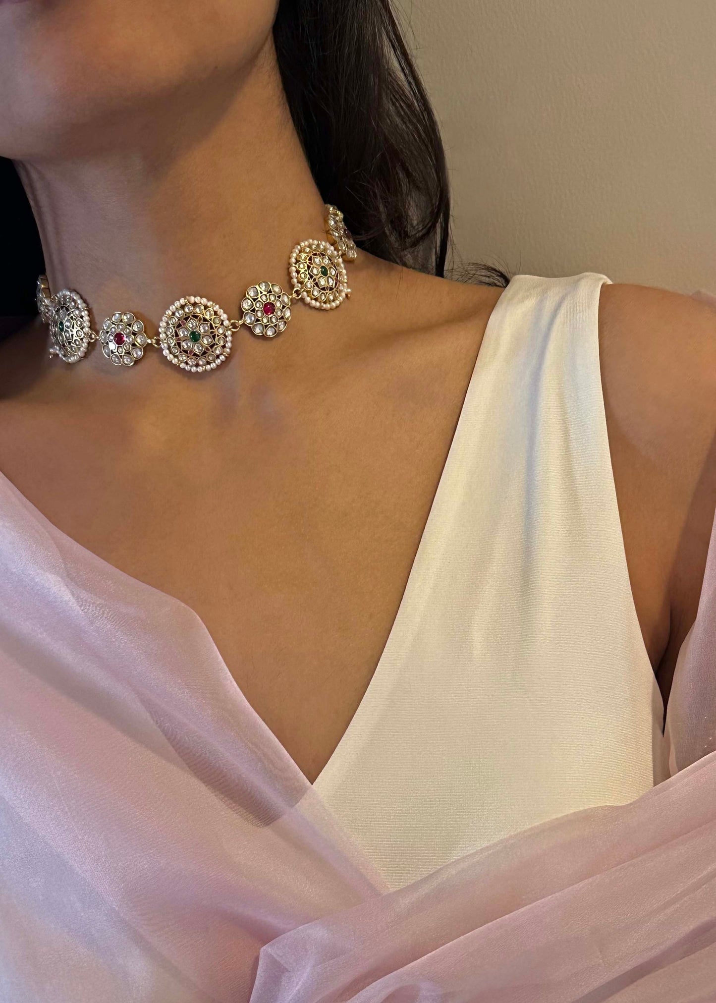 Nuvi Jewels 925 sterling silver gold plated necklace with handcrafted jadau stones and circular heritage motifs