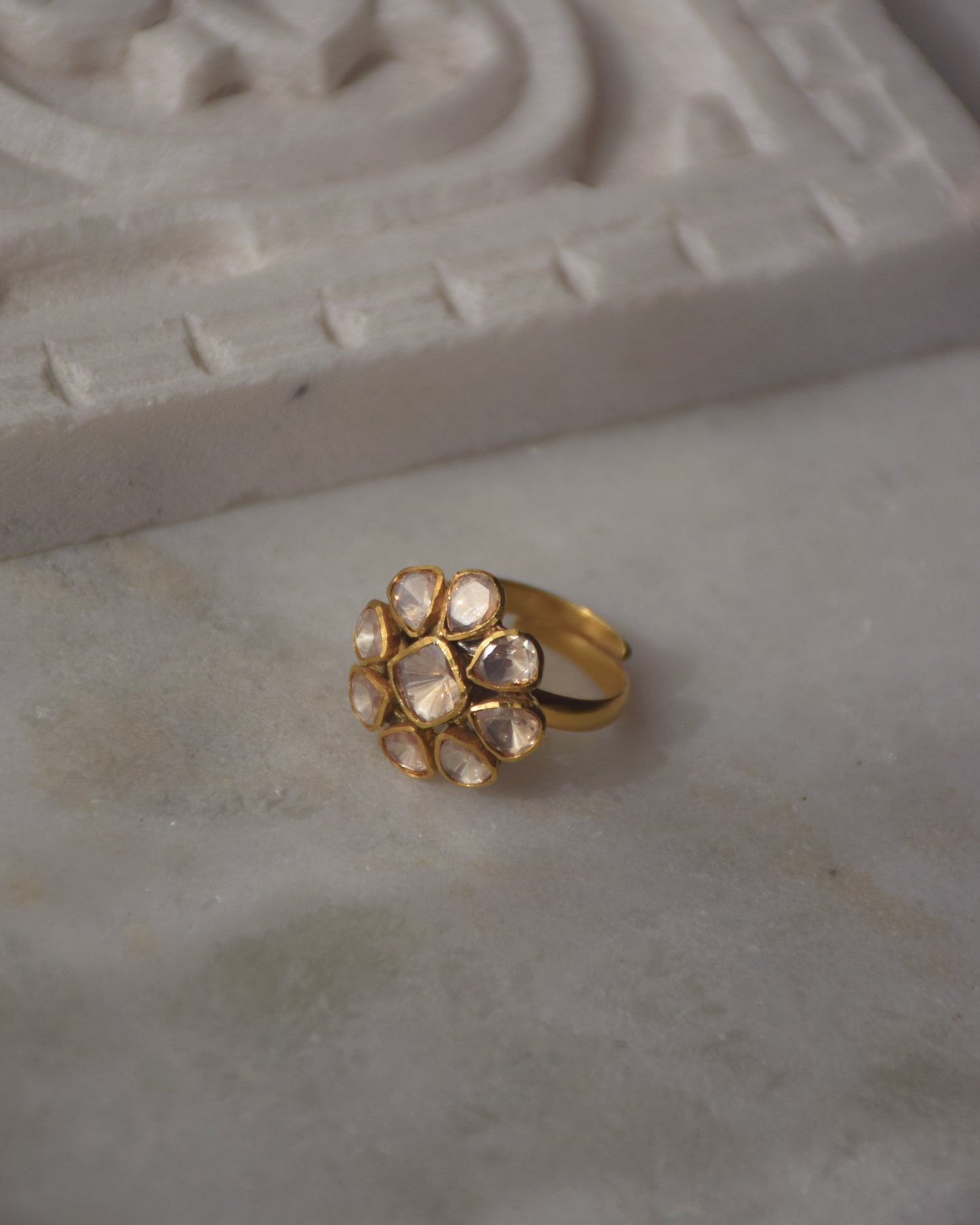 Elegant polki ring from Nuvi Jewels made in sterling silver with moissanite stones