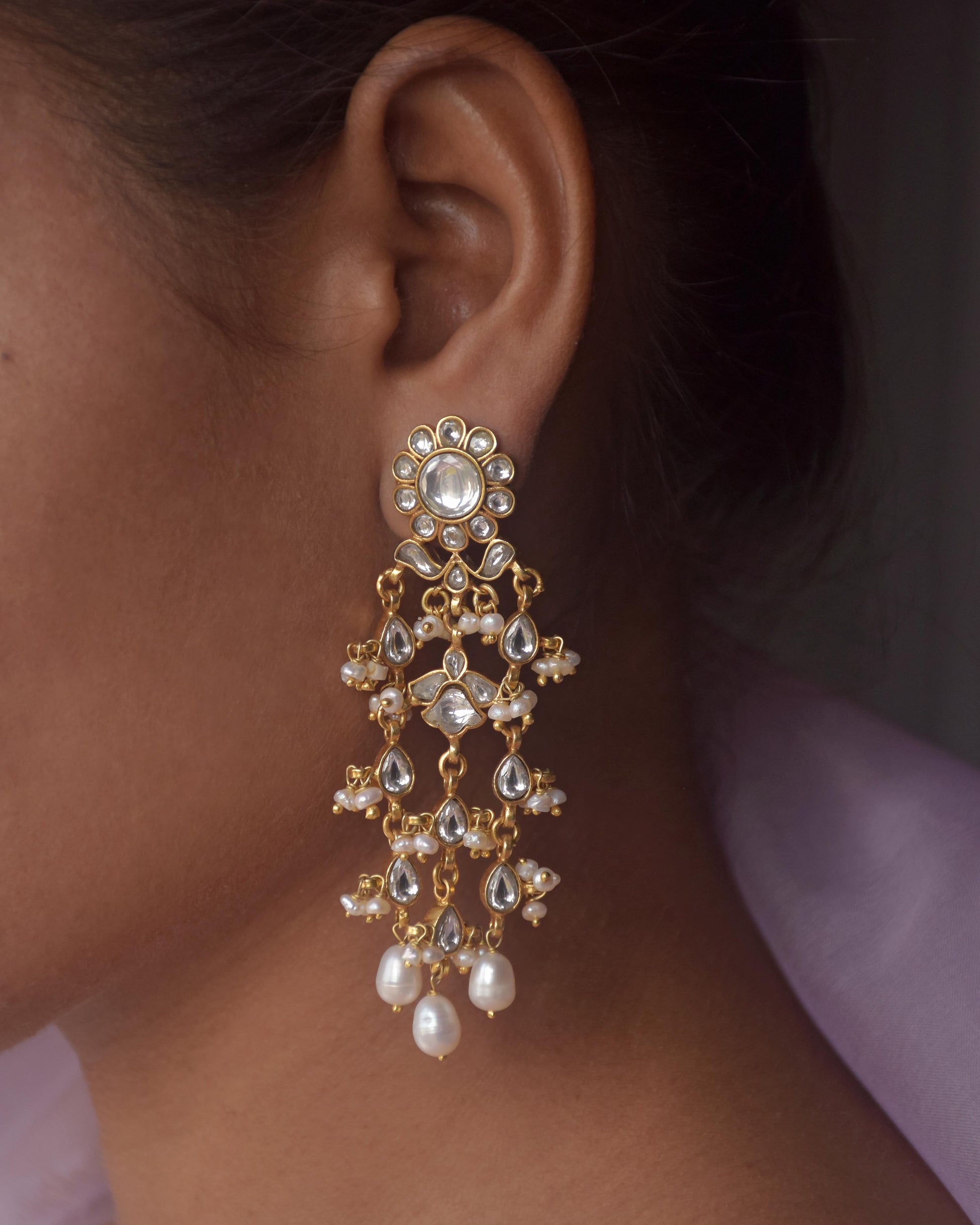 Bridal Jadau earrings featuring classic stones and freshwater pearls