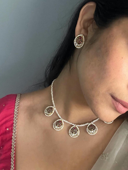 Kesar 925 silver earstuds with gold polish, featuring a floral design in red, green, and white.