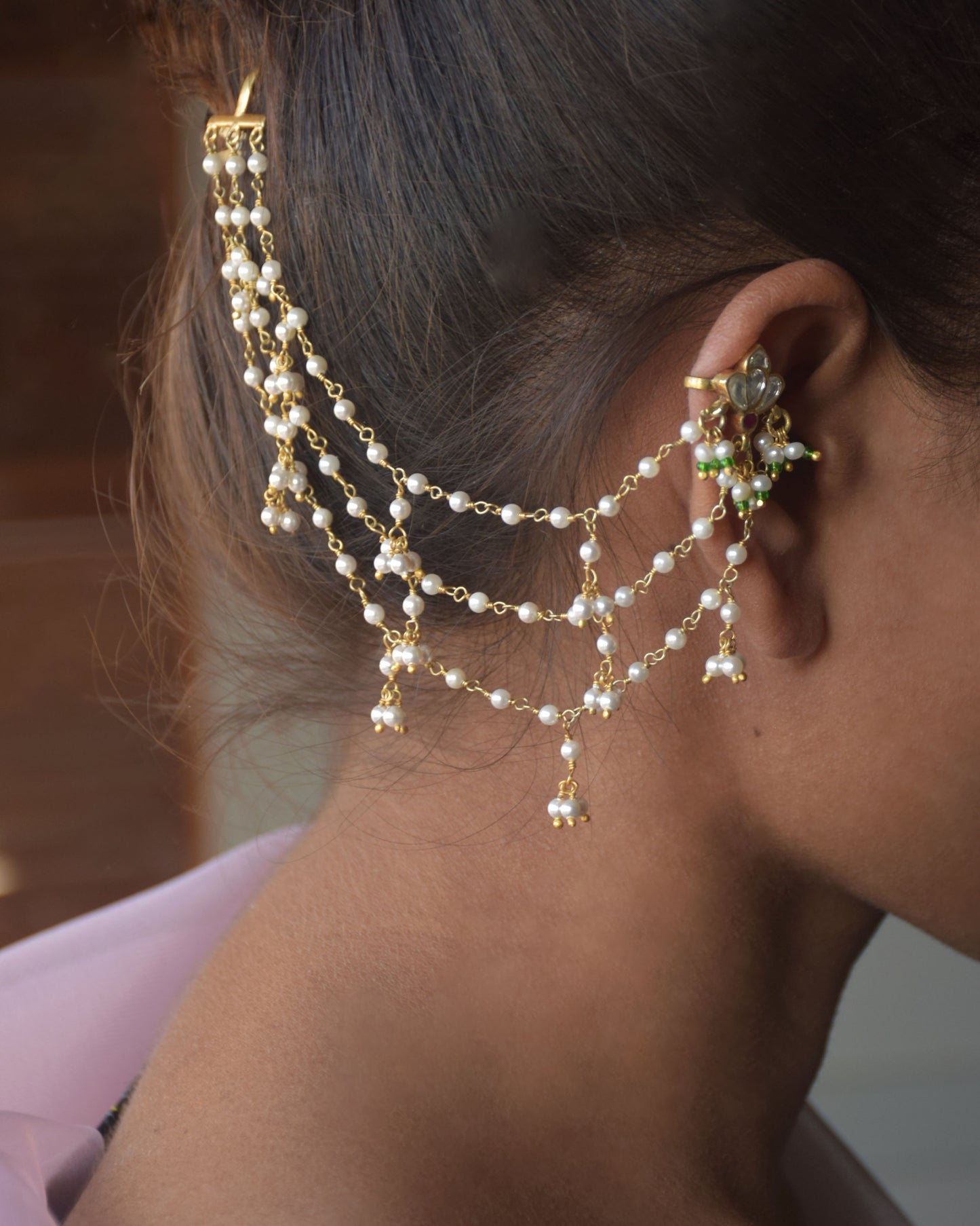 Handcrafted Nuvi Jewels Mithali Sahara Earrings featuring sterling silver gold plated three-layer kaanchain, floral earcuff, and freshwater pearls