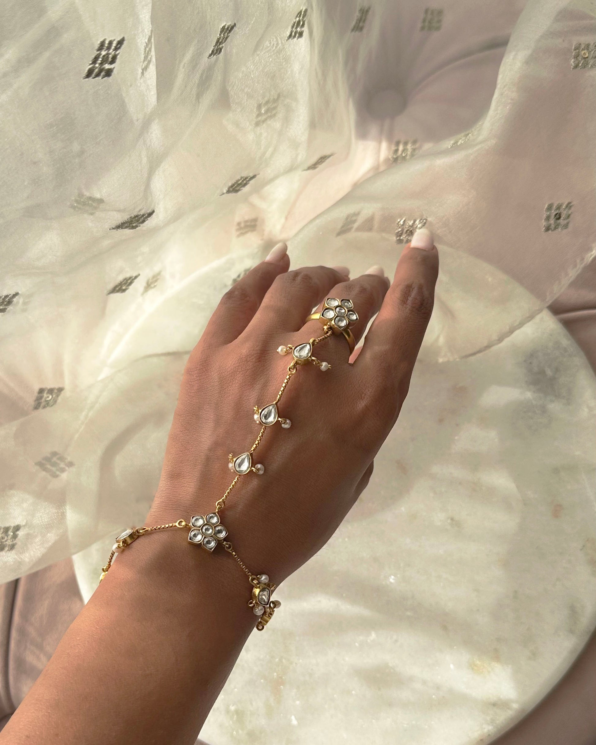 Nuvi Jewels bridal kundan jadau haathphool crafted in 92.5 silver with gold plating