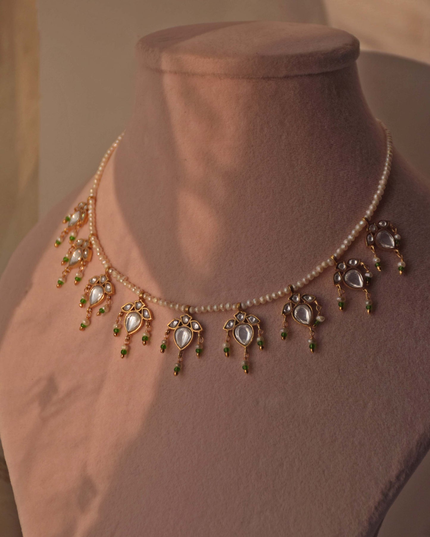 Handcrafted Nuvi Jewels Maaeri necklace in 92.5 silver with gold plating, jadau work and pearls