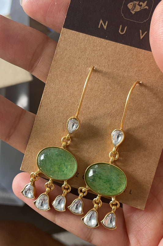 Mishti Earrings featuring a bold aventurine stone paired with suspended Jadau petal units.