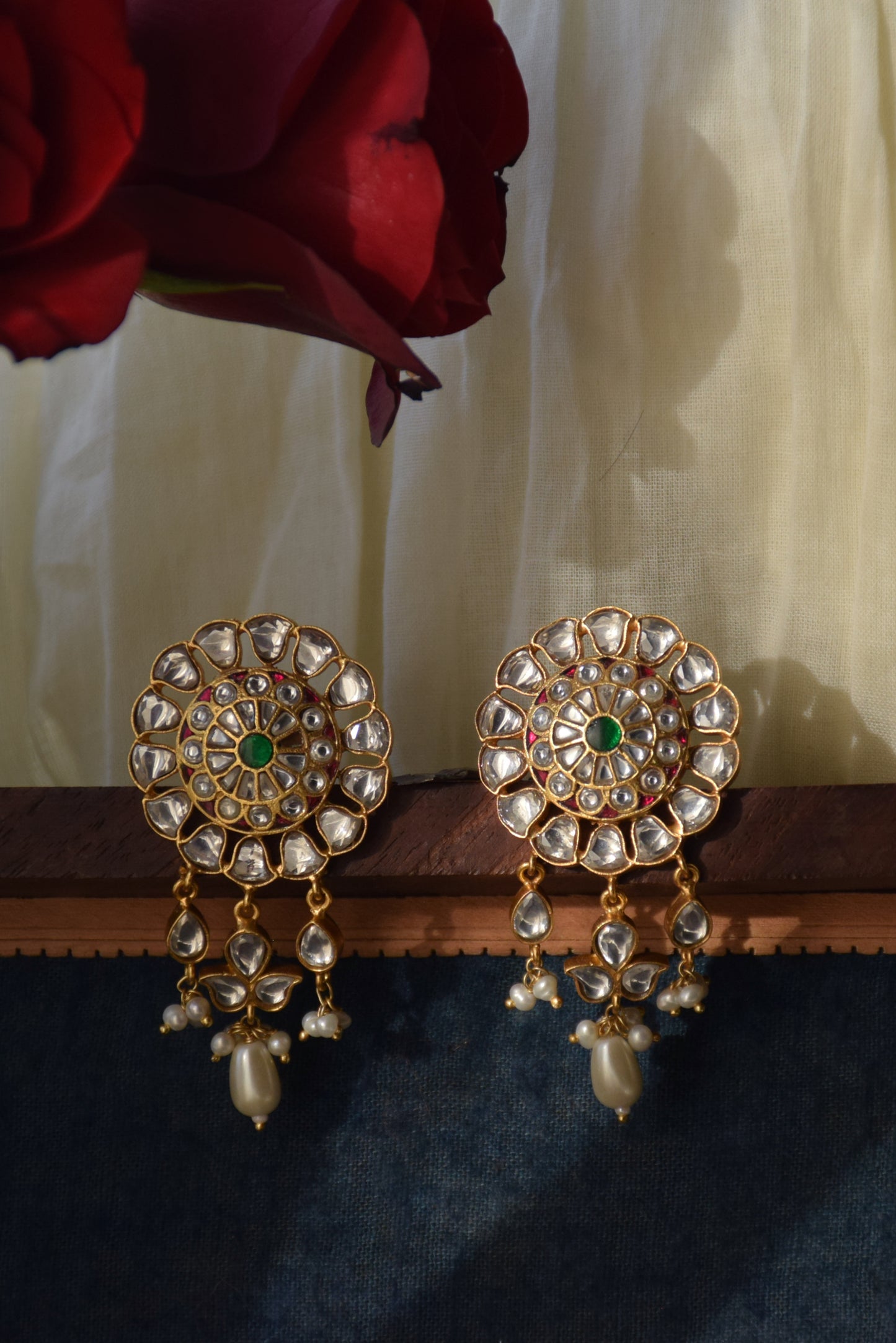 Gold-polished 925 silver Nagma Earrings with vibrant hand-cut Jadau stones, lightweight and elegant, perfect for festive, bridal, or traditional Indian attire.