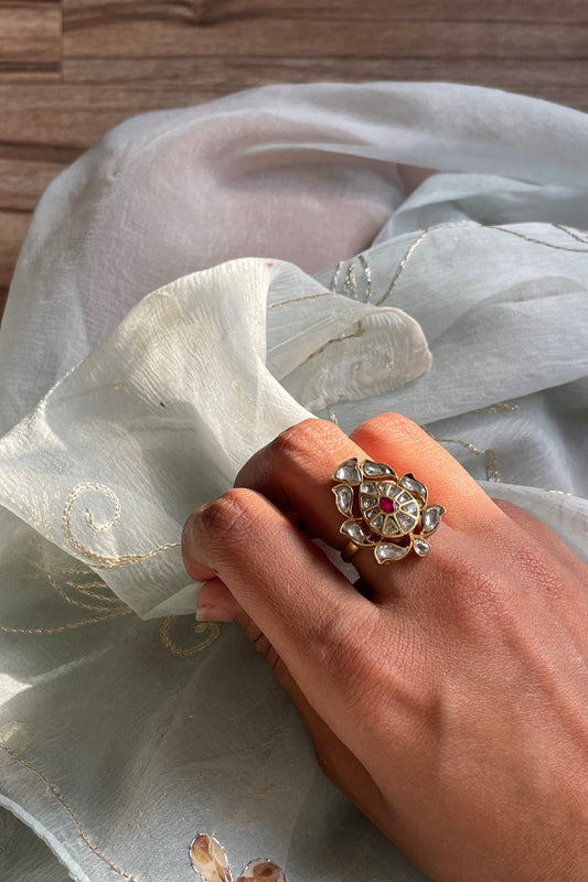 Nagma Phulkari Ring crafted from 925 silver with 24 carat gold plating, featuring delicate cascading leaves around a central ornate motif. 