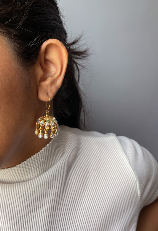 Noor Jhumka Earrings handcrafted in 925 silver featuring elegant fish hoop design with delicate pear drop accents.
