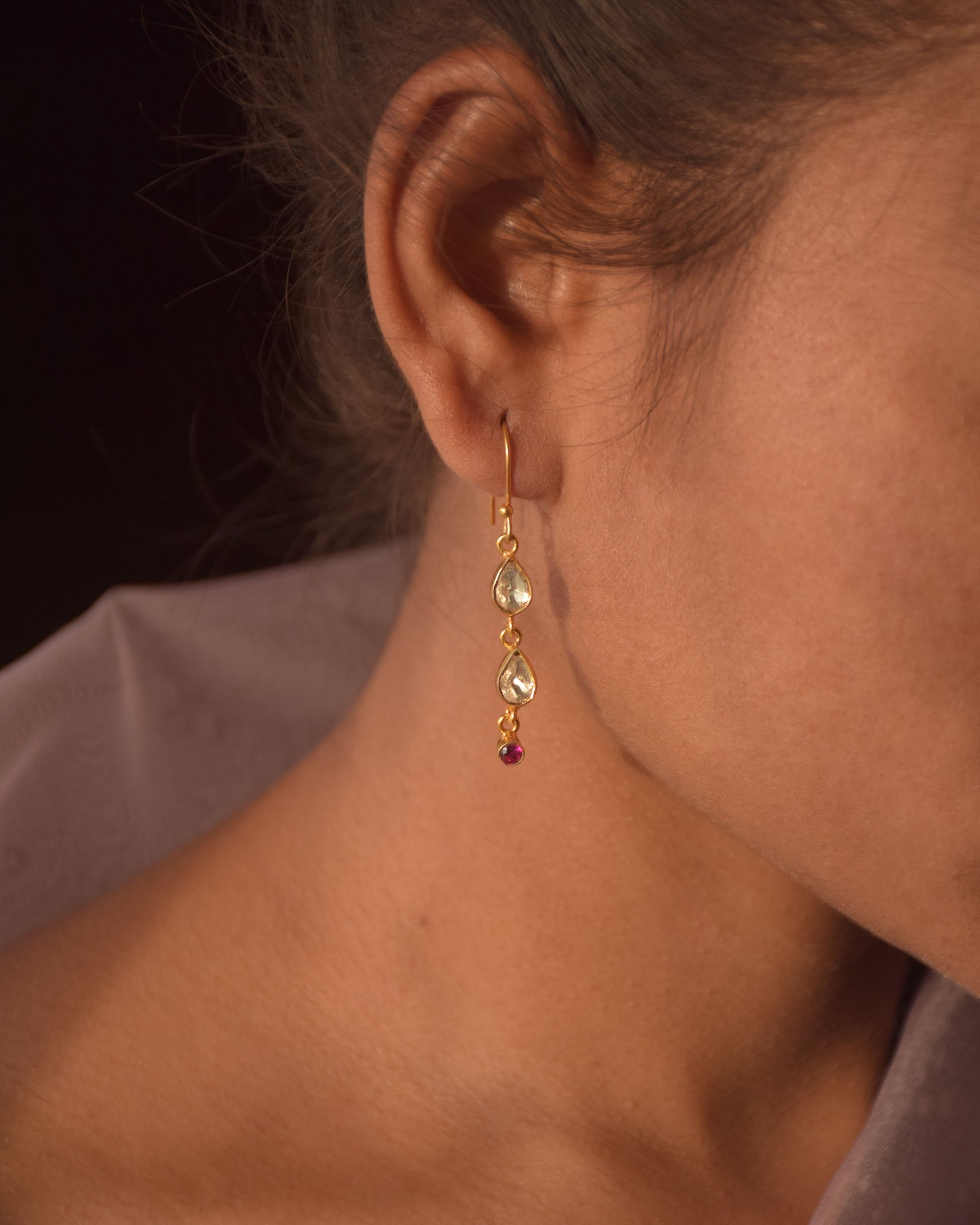 Handcrafted Nuvi Jewels 2-layer fishhoop earrings in 92.5 silver with gold plating and polki work