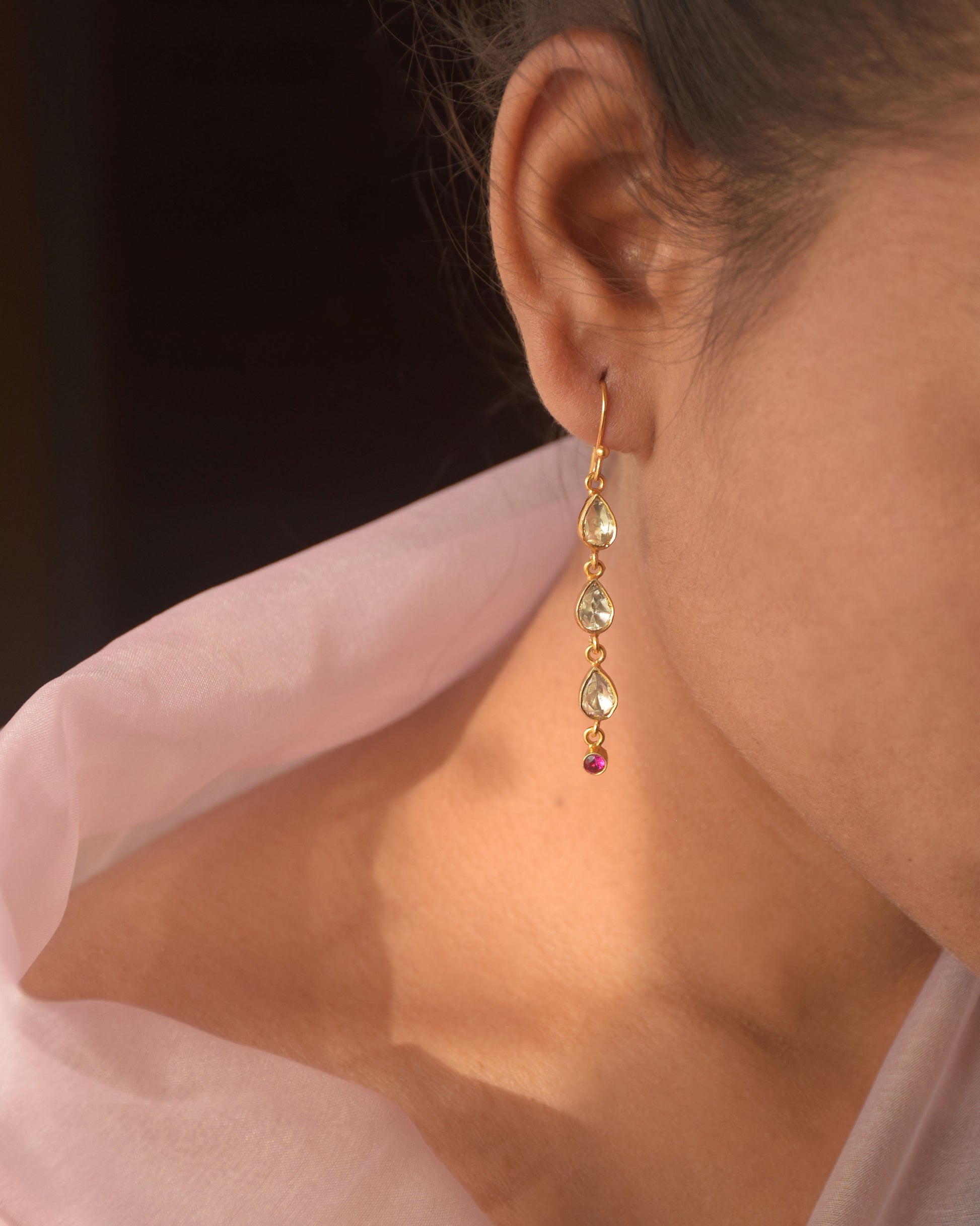 Handcrafted Nuvi Jewels 3-layer fishhoop earrings in 92.5 silver with gold plating and polki work