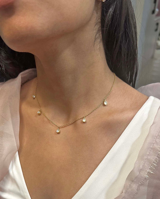 Delicate Nuvi Jewels necklace in 925 sterling silver with gold plating and bezel-set Belur moissanite drops