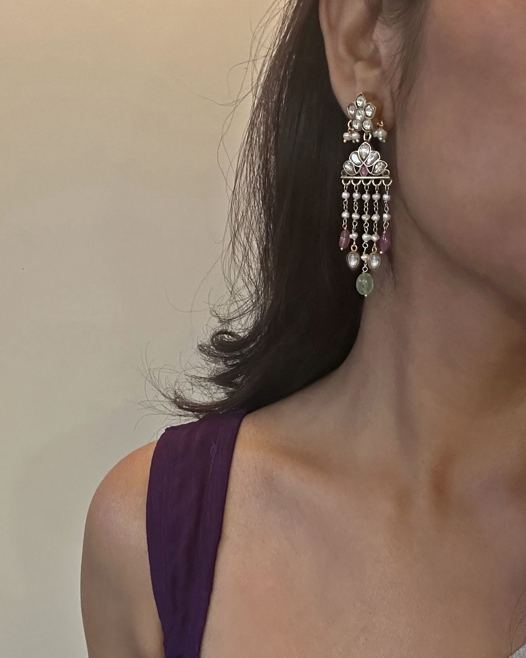 Handcrafted Nuvi Jewels earrings in 925 sterling silver with gold plating, jadau stones and freshwater pearl drops