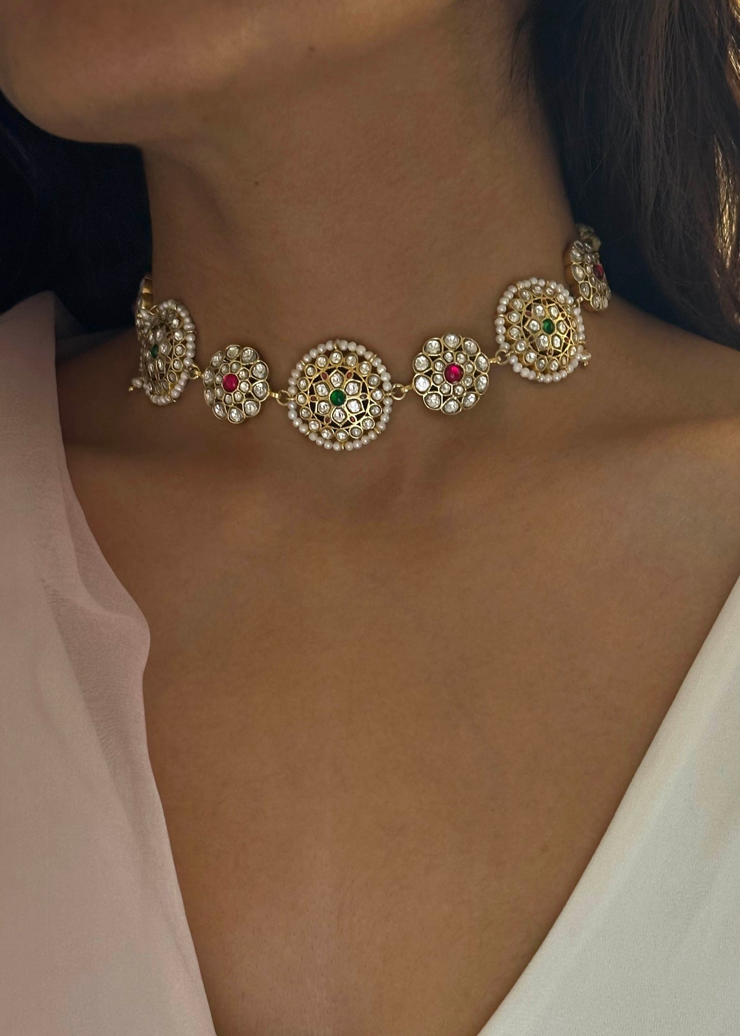 Handcrafted Nuvi Jewels jadau necklace in 925 silver with gold plating and traditional Indian craftsmanship