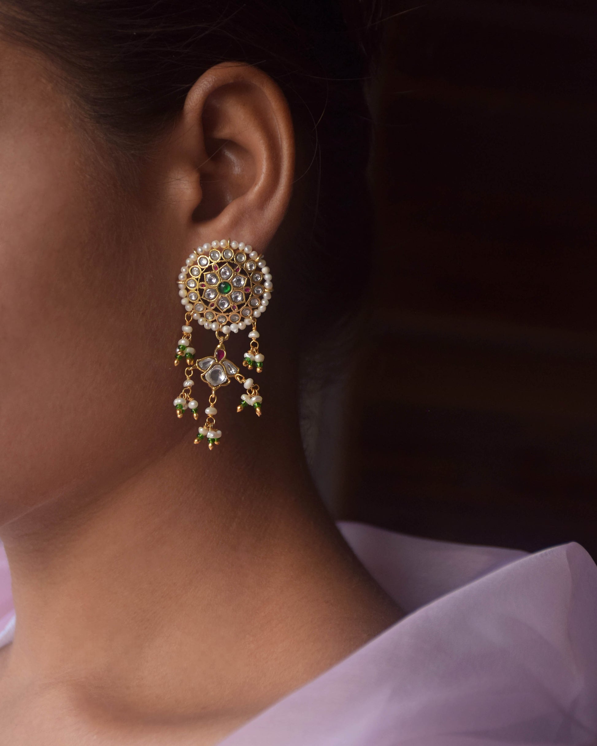 Handcrafted Nuvi Jewels dangler earrings in 925 sterling silver with gold plating and freshwater pearls