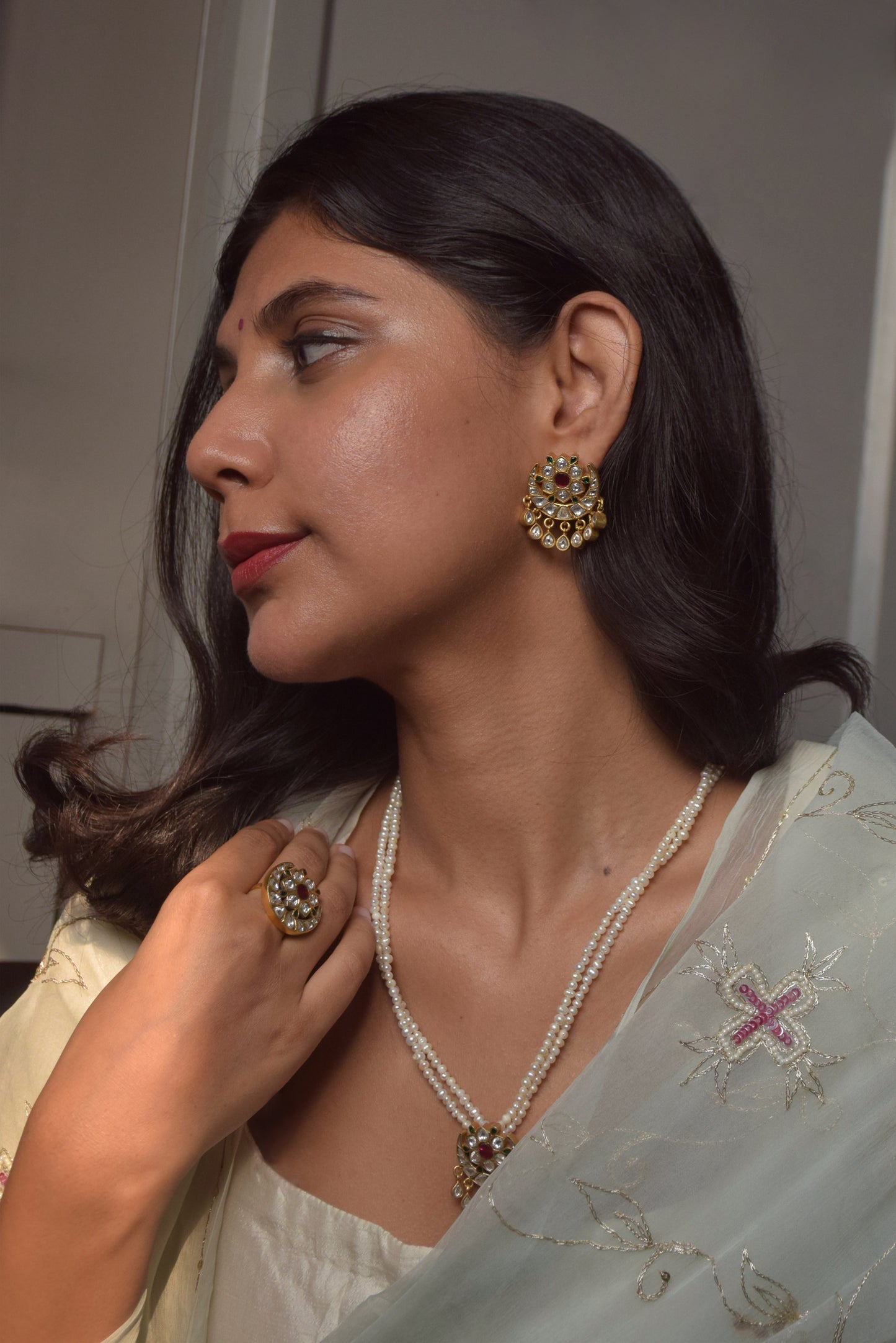 Chand Phool Earstuds in gold-plated 925 silver, embellished with Jadau stones, a timeless, heirloom-inspired accessory ideal for traditional and festive wear.