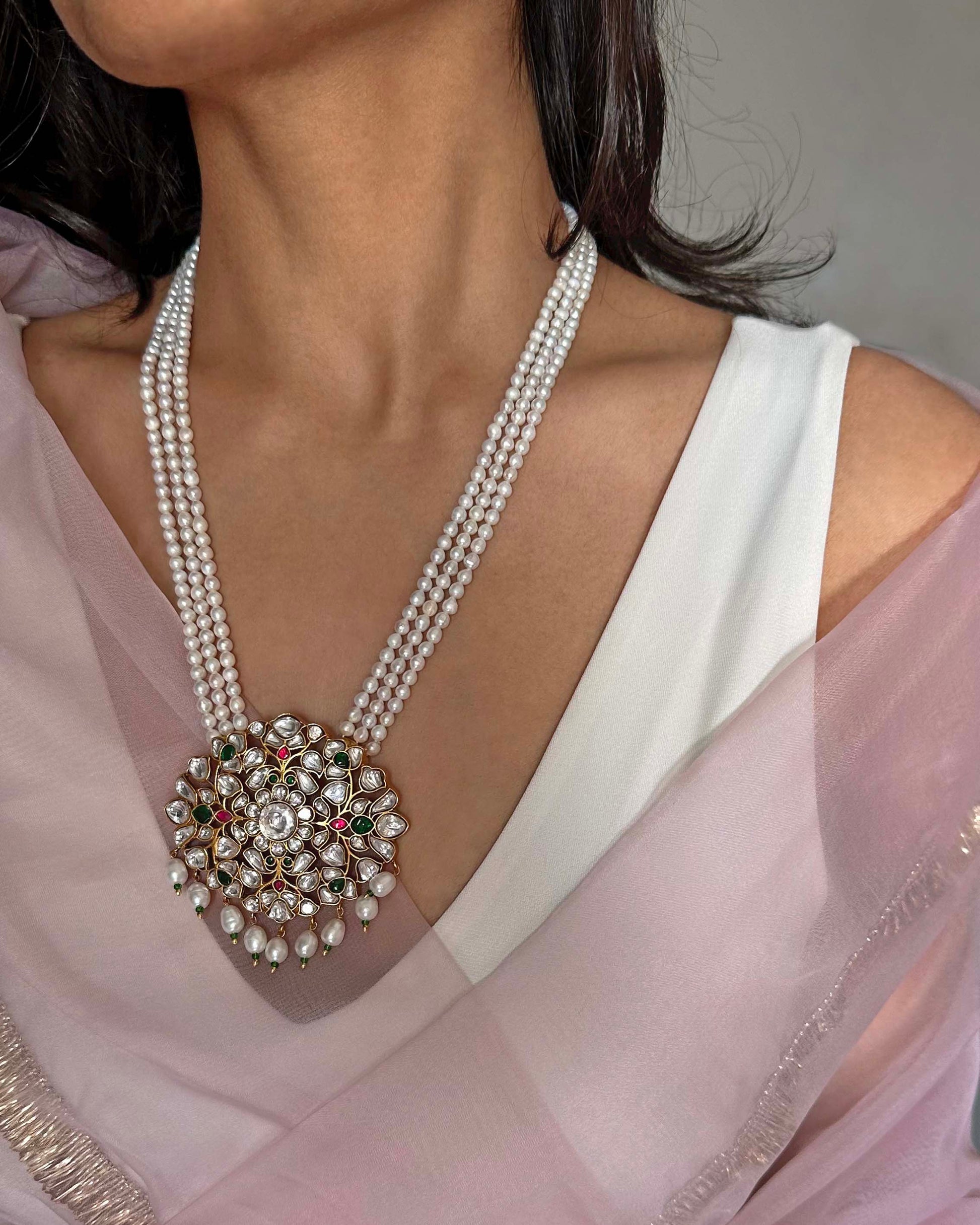 Handcrafted Nuvi Jewels Gulnaar necklace in 92.5 silver with gold plating, jadau work and pearls