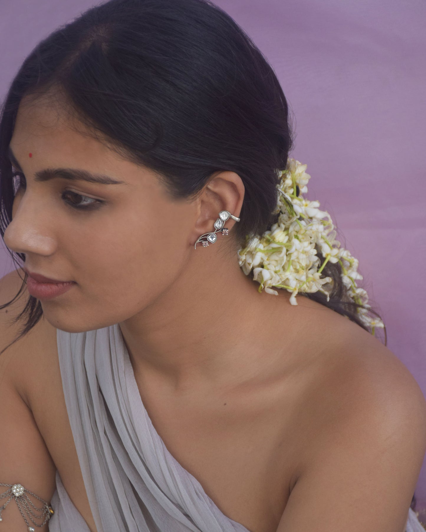 Handcrafted Nuvi Jewels Kumudini Earcuffs in 92.5 silver featuring floral motifs and secure cuff clip for comfort
