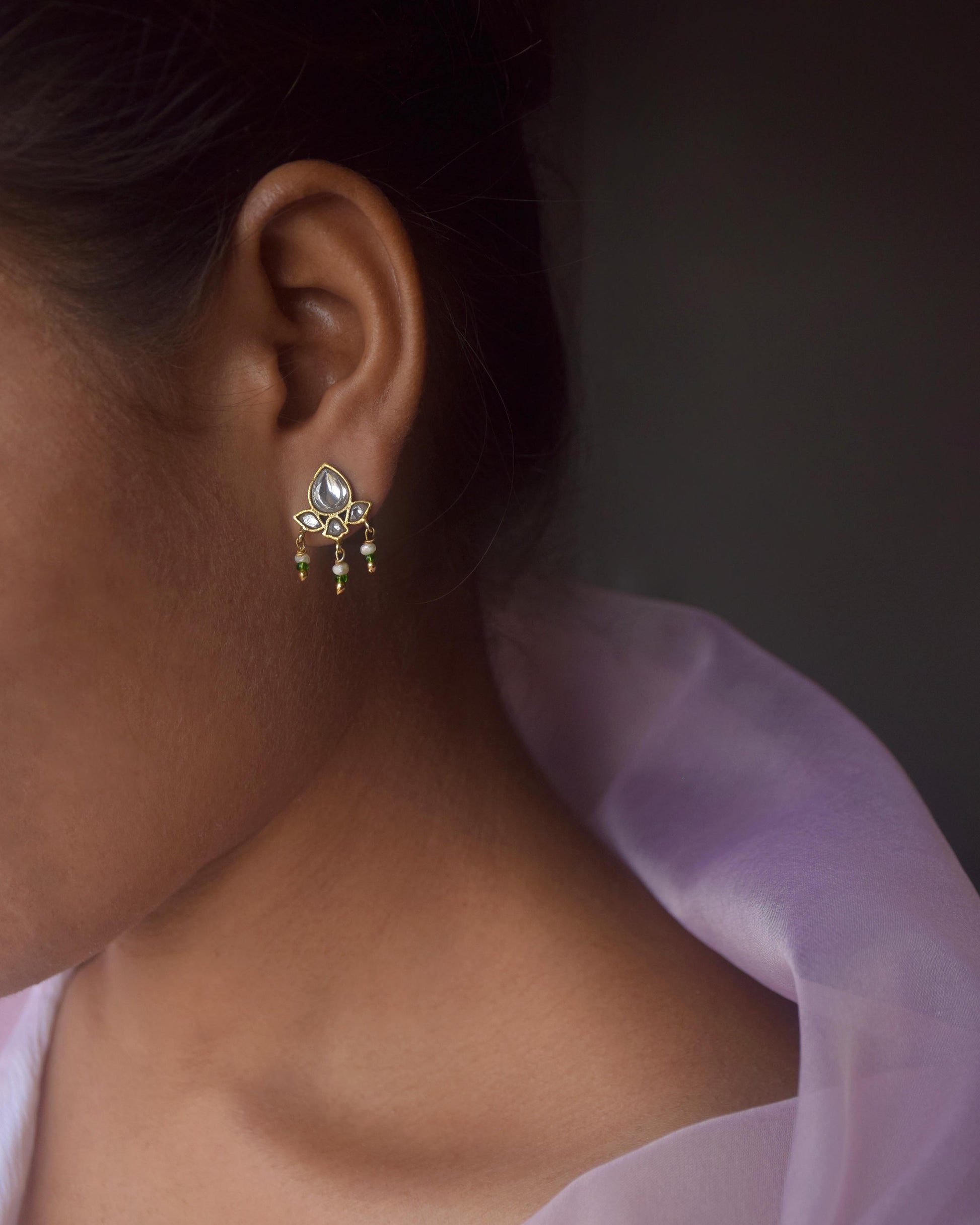 Handcrafted Nuvi Jewels Maaeri earstuds in 92.5 silver with traditional jadau work and pearl drops