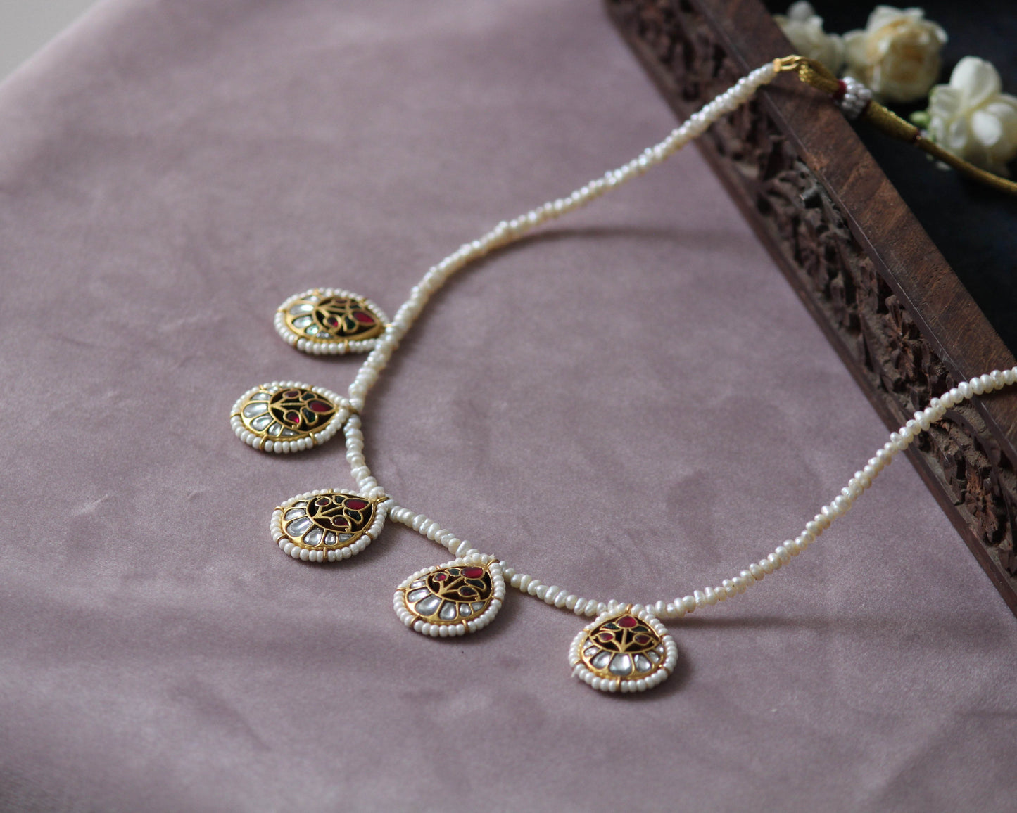 Elegant Pankhudi choker in gold-plated 925 silver, handcrafted with five Jadau Work petals and pearl embellishments for ethnic occasions