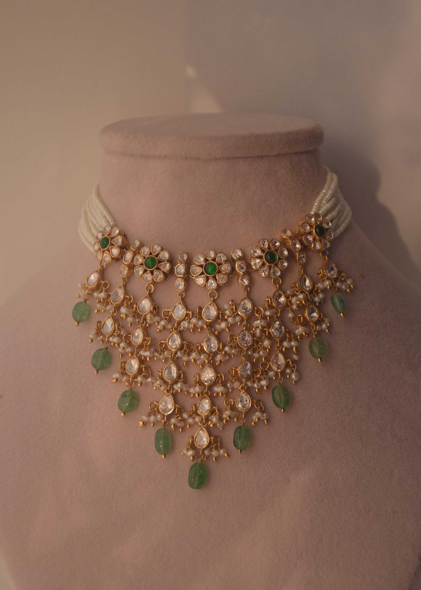 Lavish Nuvi Jewels handcrafted silver Polki choker with gold plating, pearls, Belur Polkis, and green gemstone drops