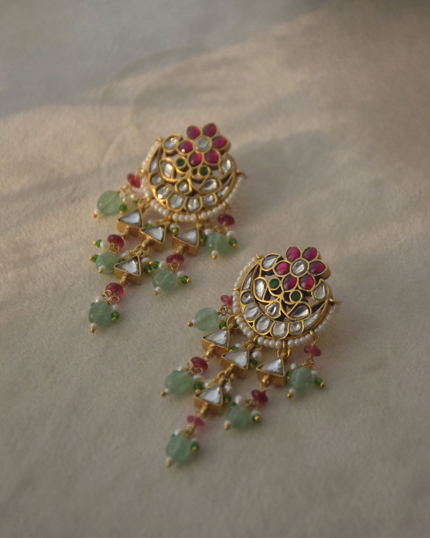Handcrafted Nuvi Jewels Rajlakshmi Earrings in 92.5 silver with intricate jadau work, dangling pearls, and aventurine beads