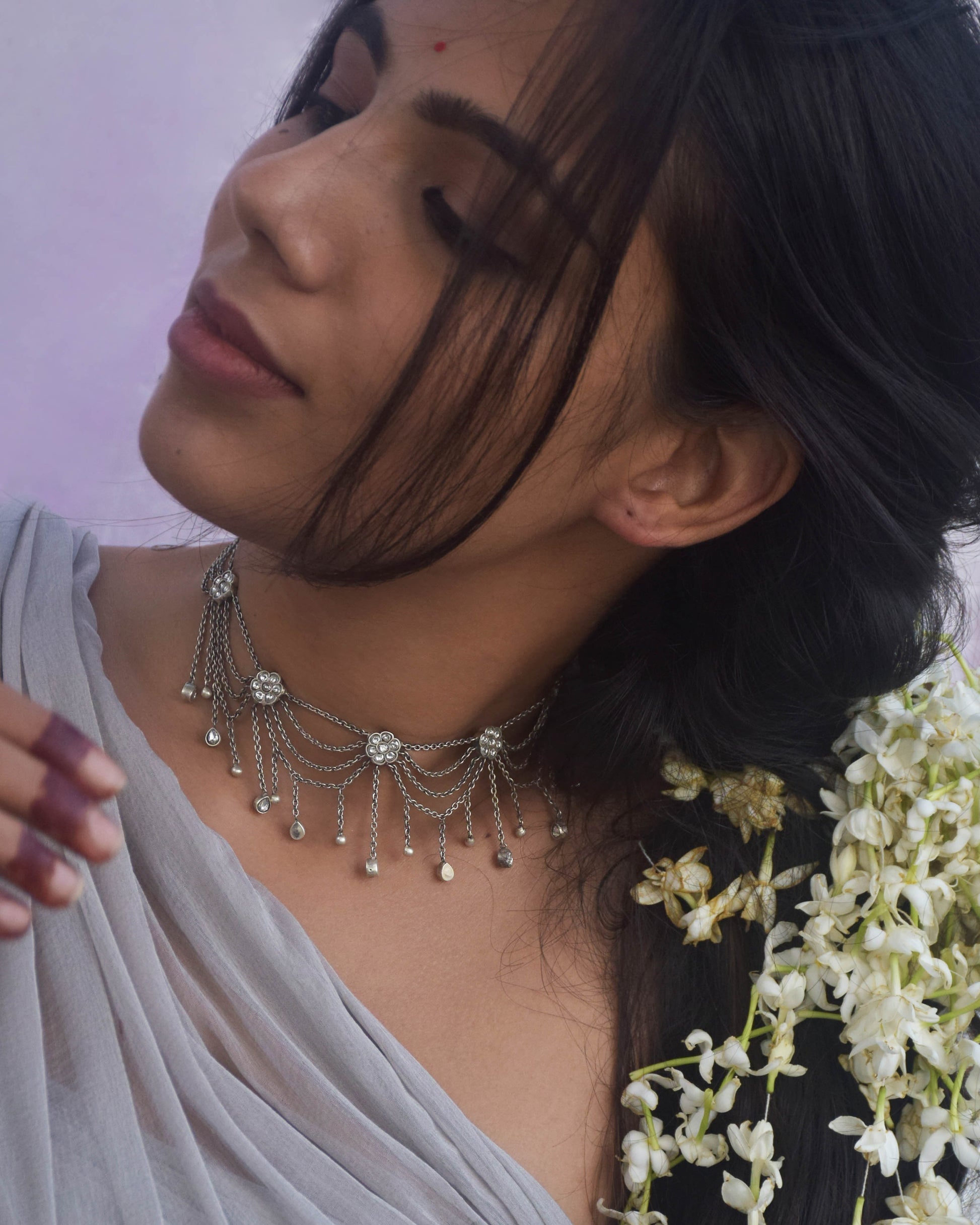 Handcrafted Nuvi Jewels Shakuntala Necklace in 92.5 silver featuring multiple cascading chains for choker-style elegance