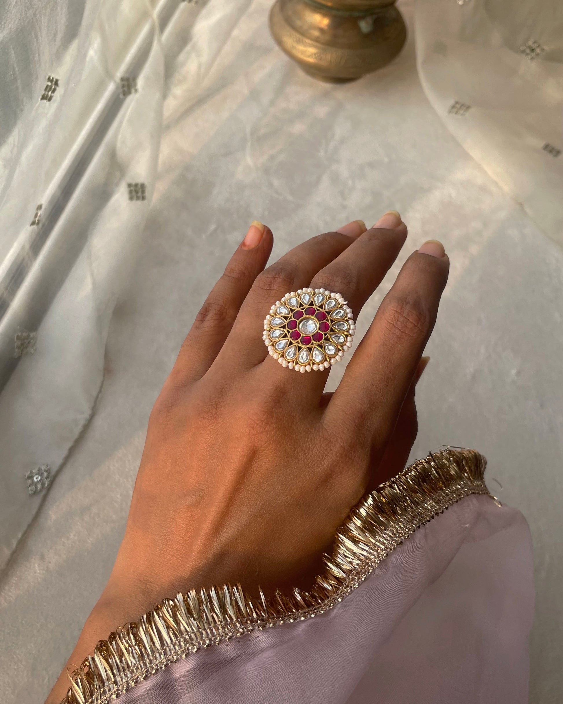 Statement Nuvi Jewels Jadau Kundan ring in sterling silver gold plated featuring traditional jadau and kundan stone work
