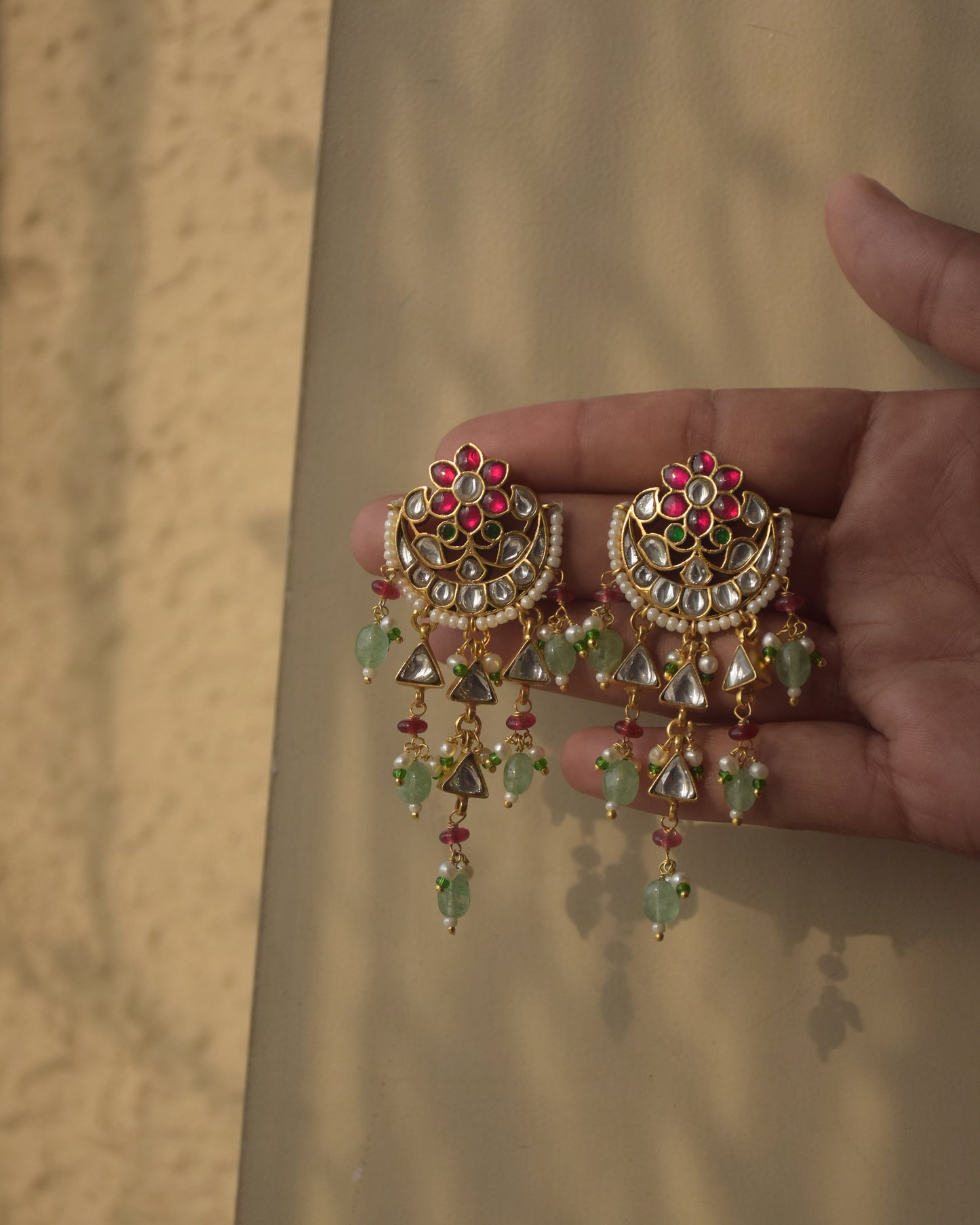 Statement Nuvi Jewels Rajlakshmi Earrings in 92.5 silver with heritage-inspired jadau, pearls, and aventurine bead accents