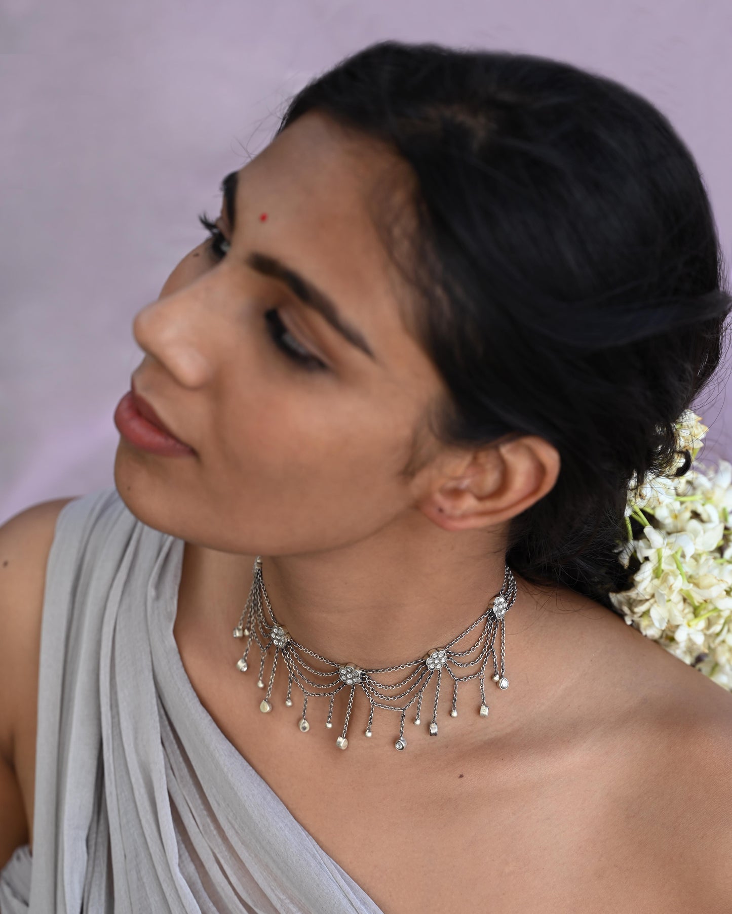 Statement Nuvi Jewels Shakuntala Necklace in 92.5 silver featuring layered cascading chains in elegant choker design