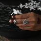 Nuvi Jewels Tarini Ring in 92.5 sterling silver gold plated with two adjustable rings connected by chain and floral jadau motifs