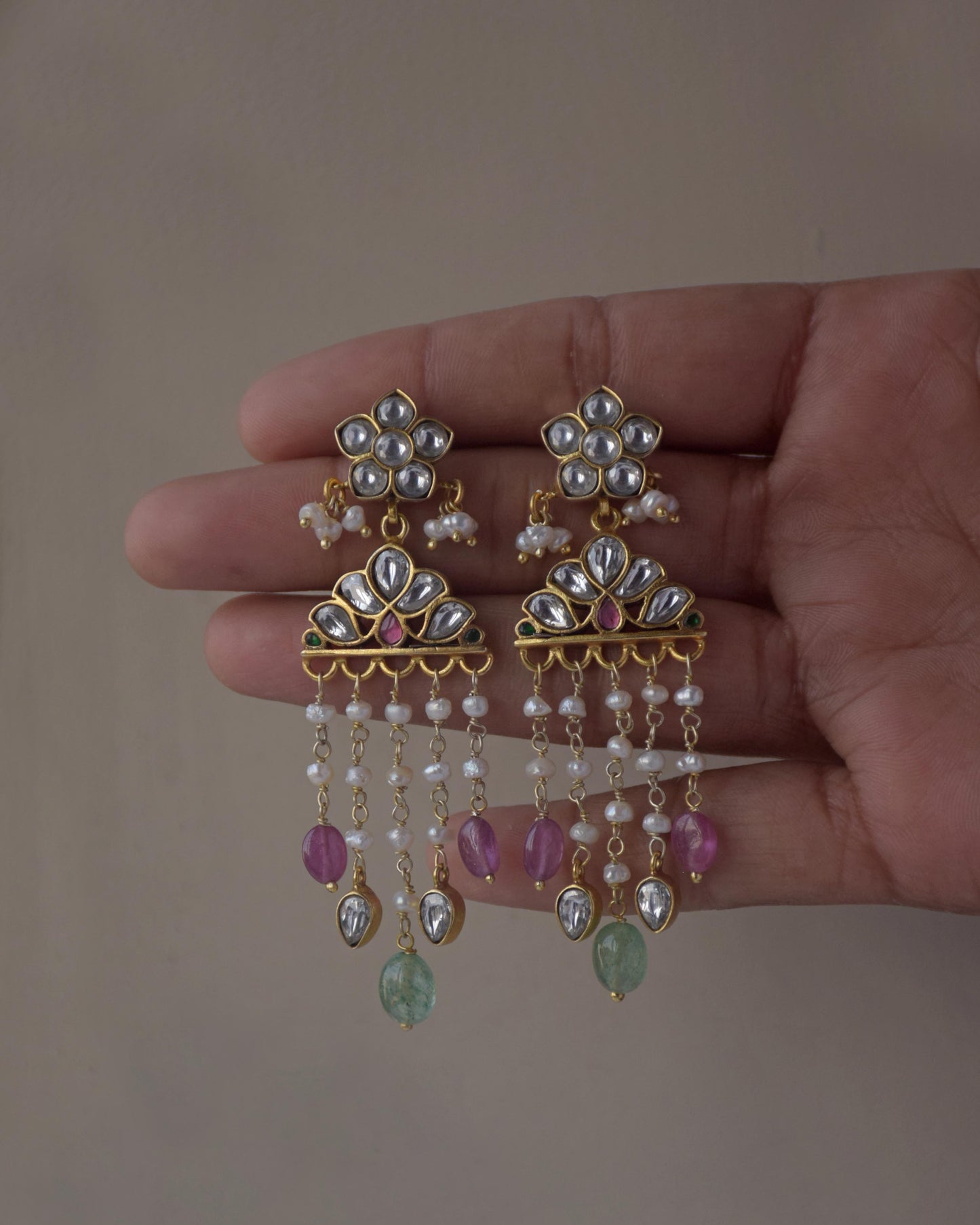 Elegant Nuvi Jewels pearl drop earrings in 925 sterling silver gold plated finish with jadau stone work