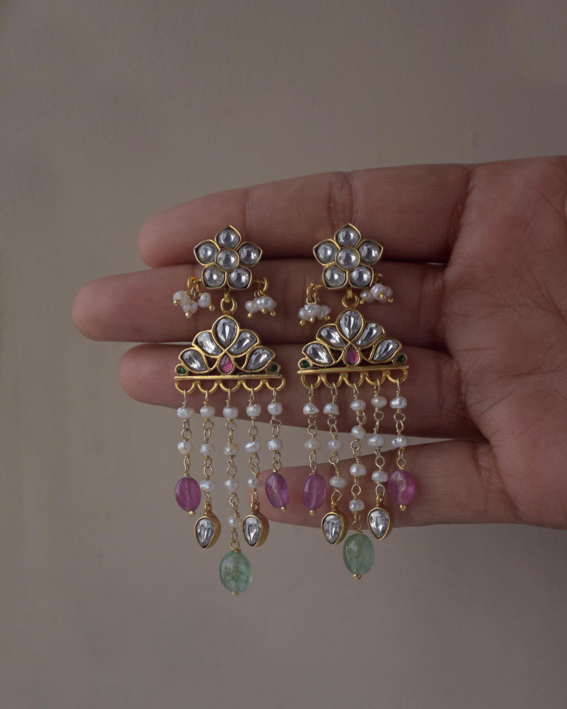 Elegant Nuvi Jewels pearl drop earrings in 925 sterling silver gold plated finish with jadau stone work