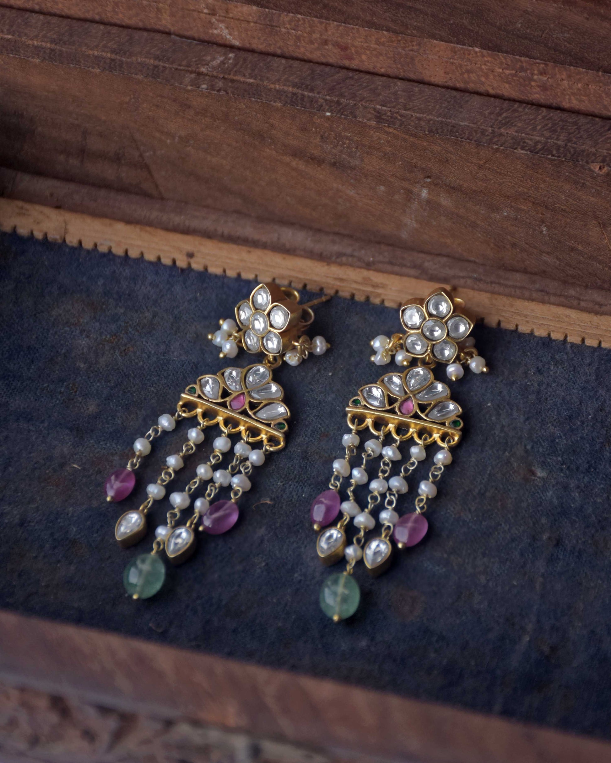 Nuvi Jewels 925 sterling silver gold plated earrings with hand set jadau stones, aventurine, quartz beads and freshwater pearls