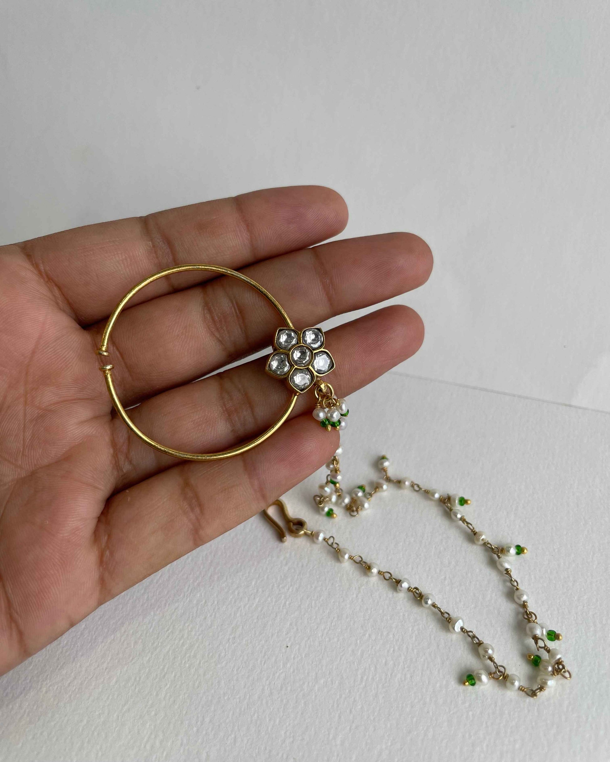 Traditional Indian Shringaari Nath in sterling silver with gold plating, embellished with handcrafted Kundan work. Exquisite Handcrafted 925 Silver Jewellery
