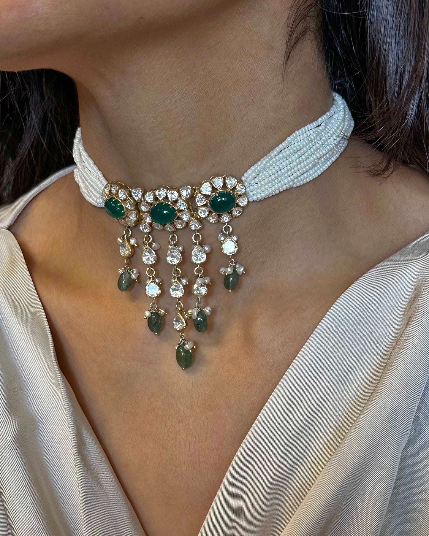 Nuvi Jewels designer polki choker crafted in 925 sterling silver featuring floral moissanite polki, pearls and green aventurine