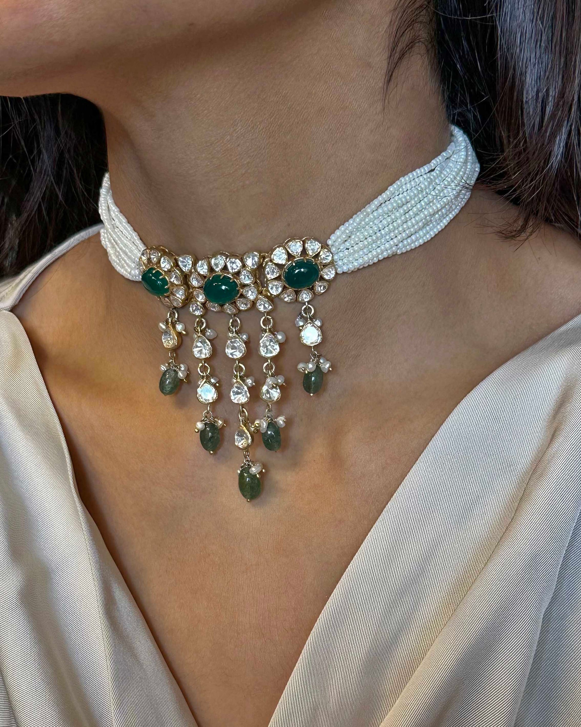 Nuvi Jewels designer polki choker crafted in 925 sterling silver featuring floral moissanite polki, pearls and green aventurine