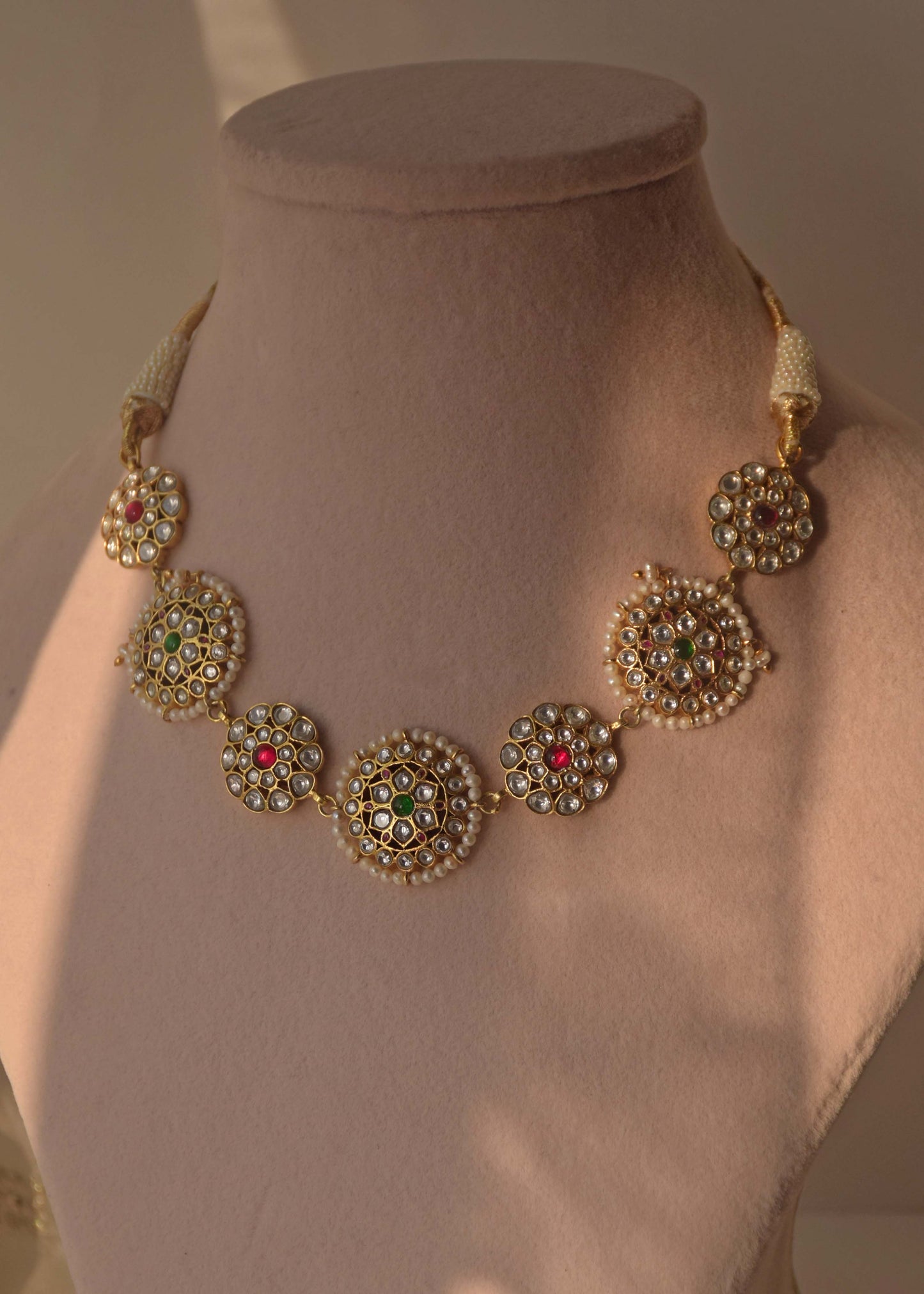 Elegant Nuvi Jewels jadau necklace featuring circular motifs in 925 sterling silver with gold finish