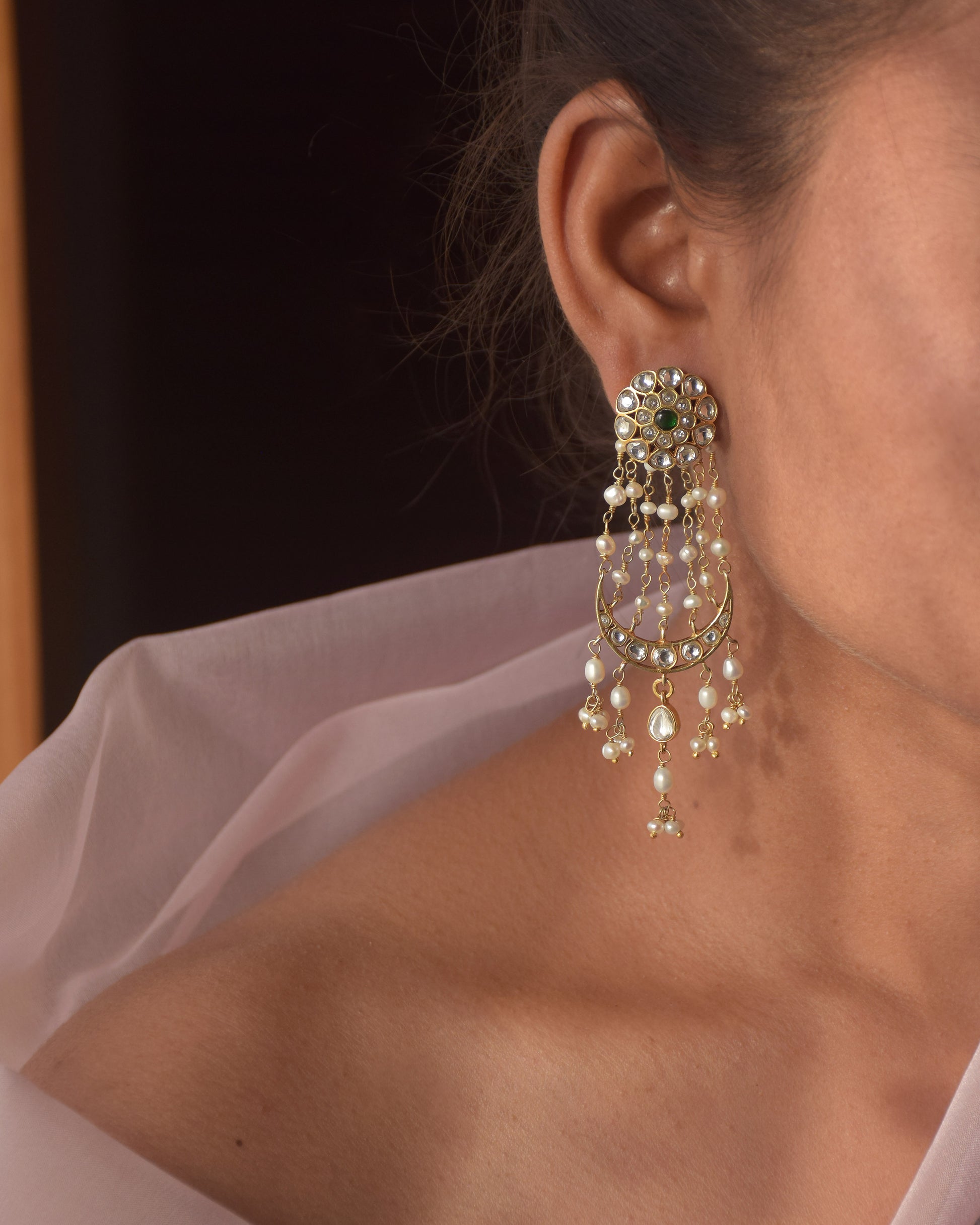 Nuvi Jewels handcrafted Pasa earrings in 925 sterling silver with gold plating and freshwater pearls
