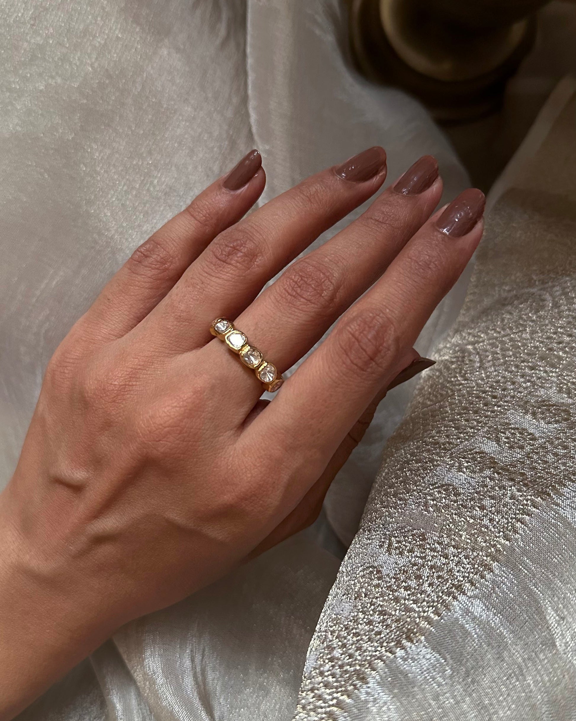 Elegant Nuvi Jewels polki ring with moissanite stones set in 925 silver gold plated base