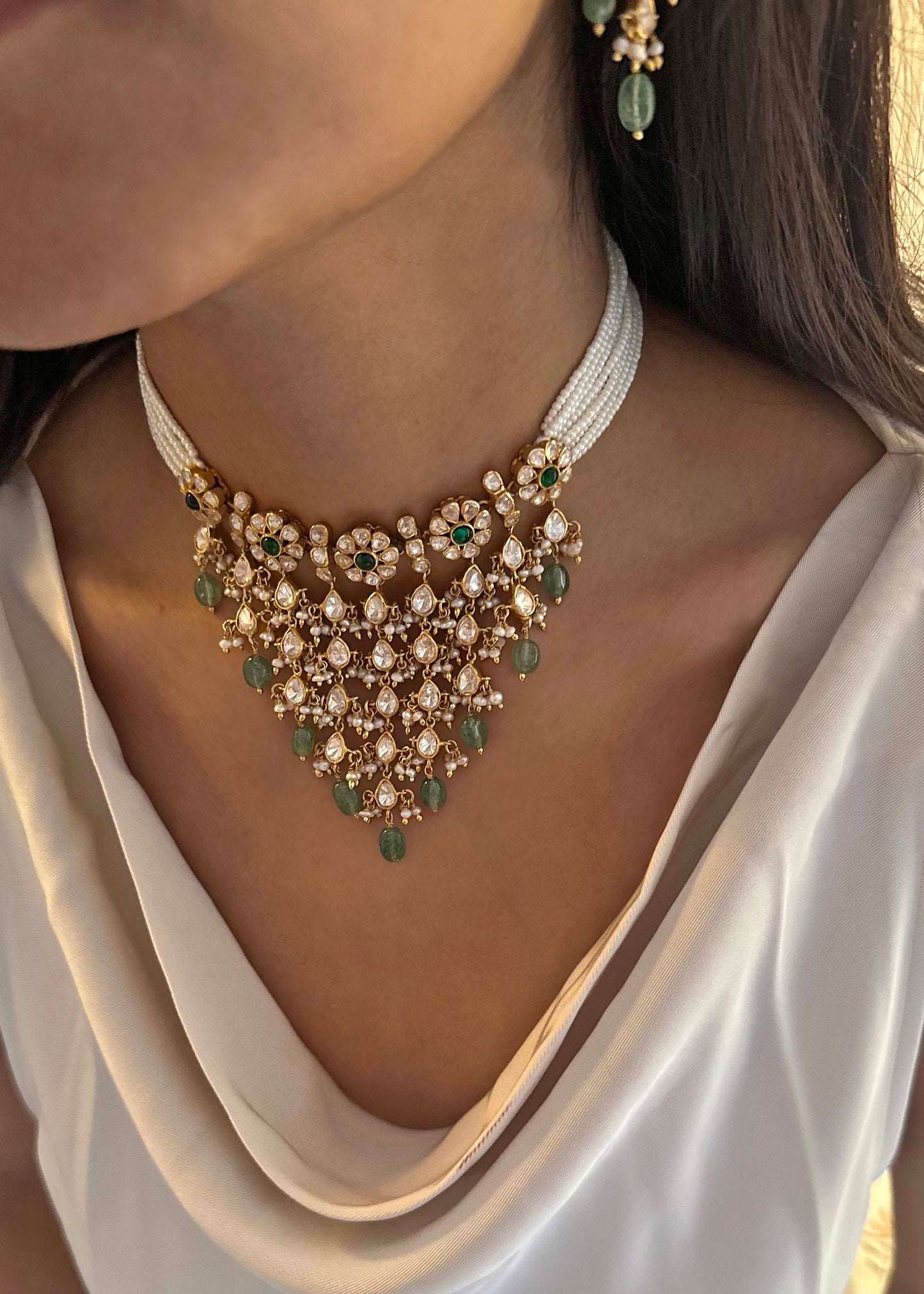 Traditional Nuvi Jewels Polki choker with moissanite floral units, pearl dangles, and green aventurine accents in sterling silver