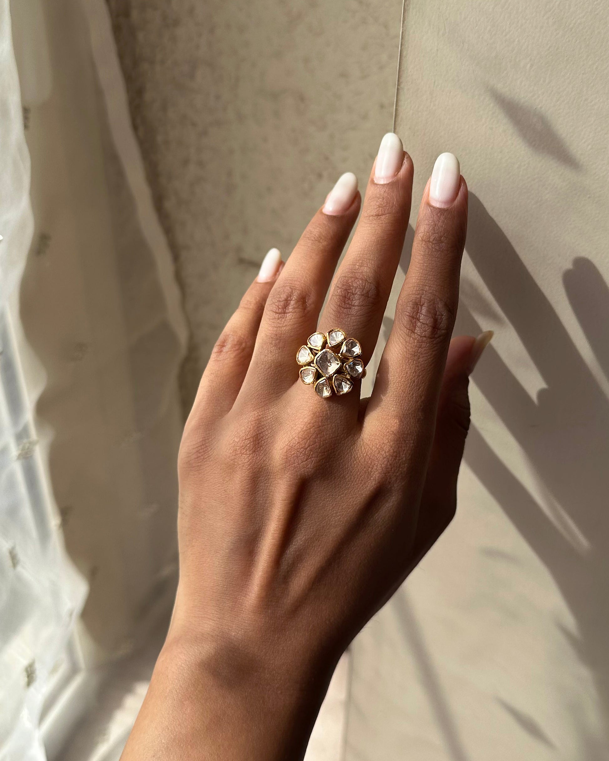 Nuvi Jewels heritage style polki ring in 92.5 silver gold plated design