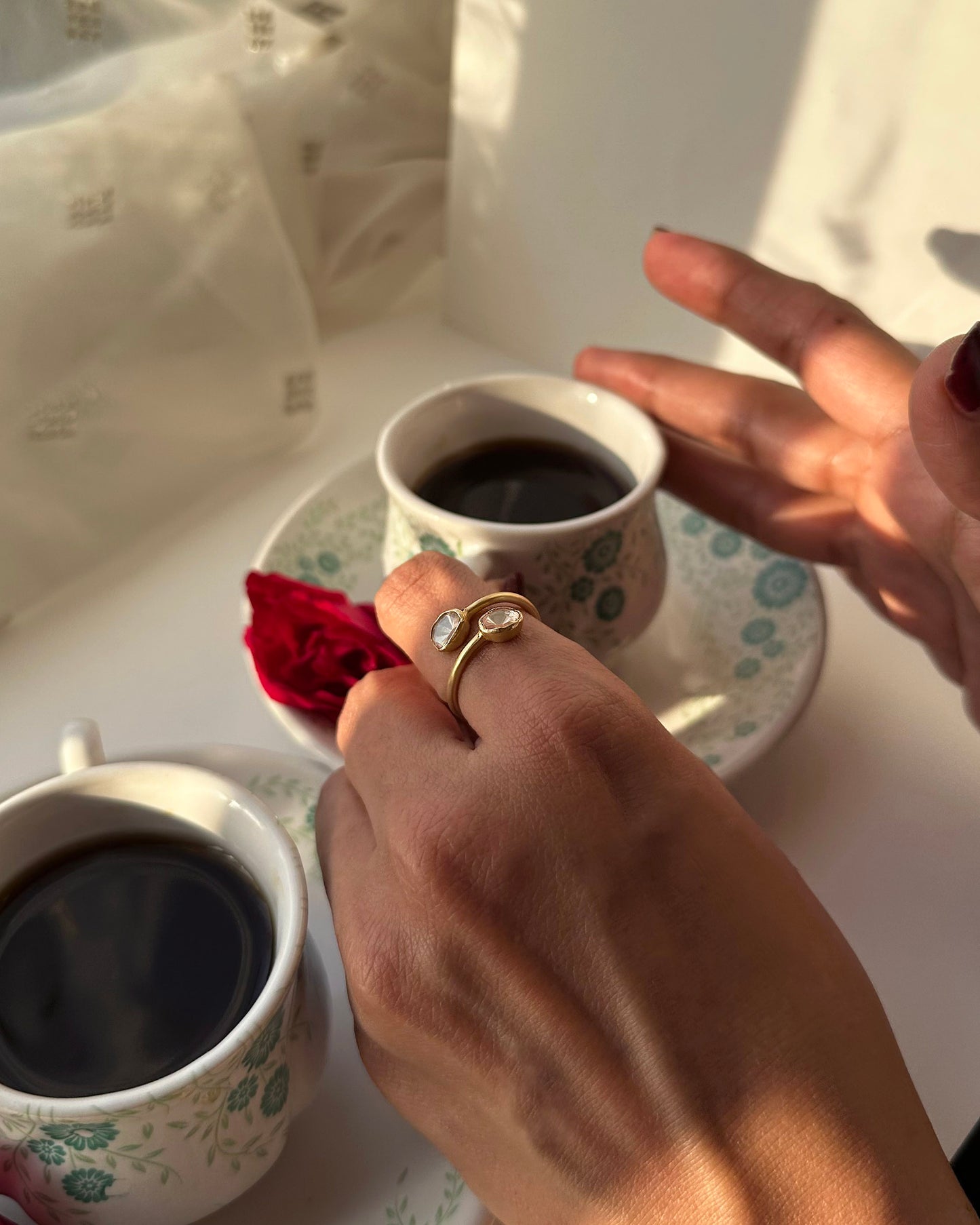 Nuvi Jewels 925 sterling silver gold plated ring with handcrafted moissanite polki detailing