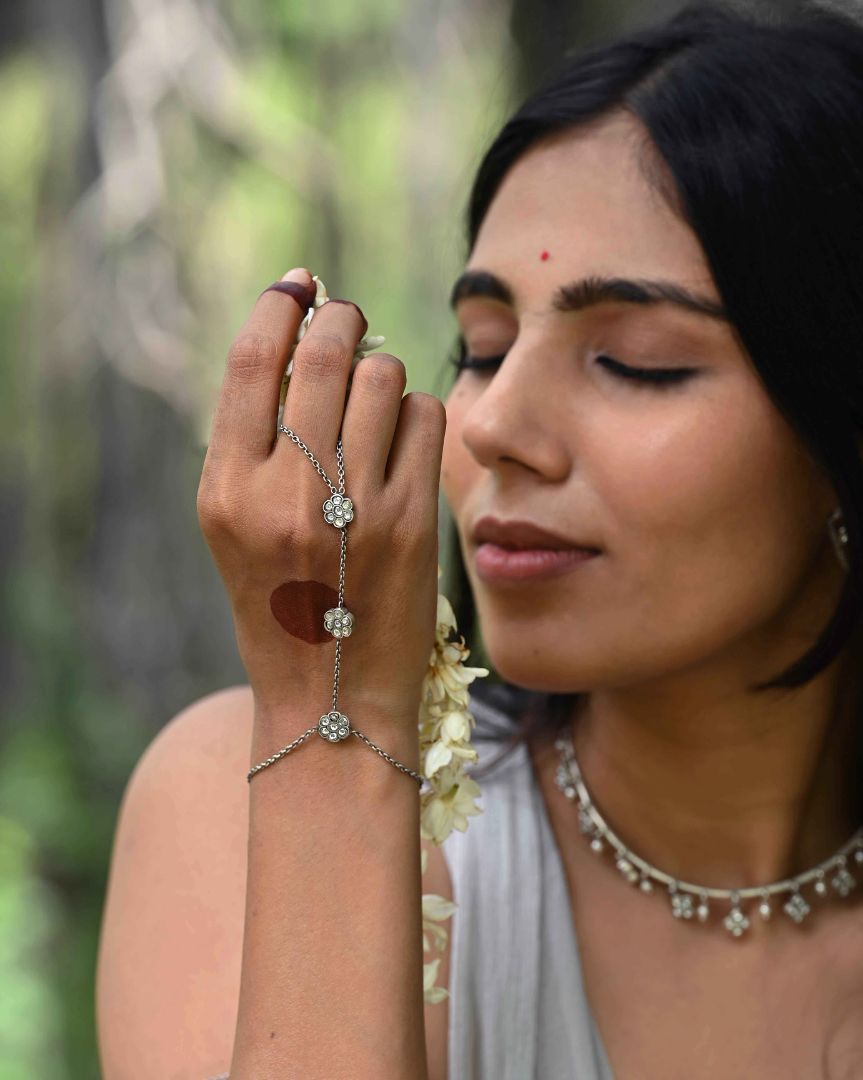 Preyasi Haathphool crafted in 92.5 sterling silver with delicate chain design, a versatile traditional Indian hand ornament that can be worn on one or both hands.