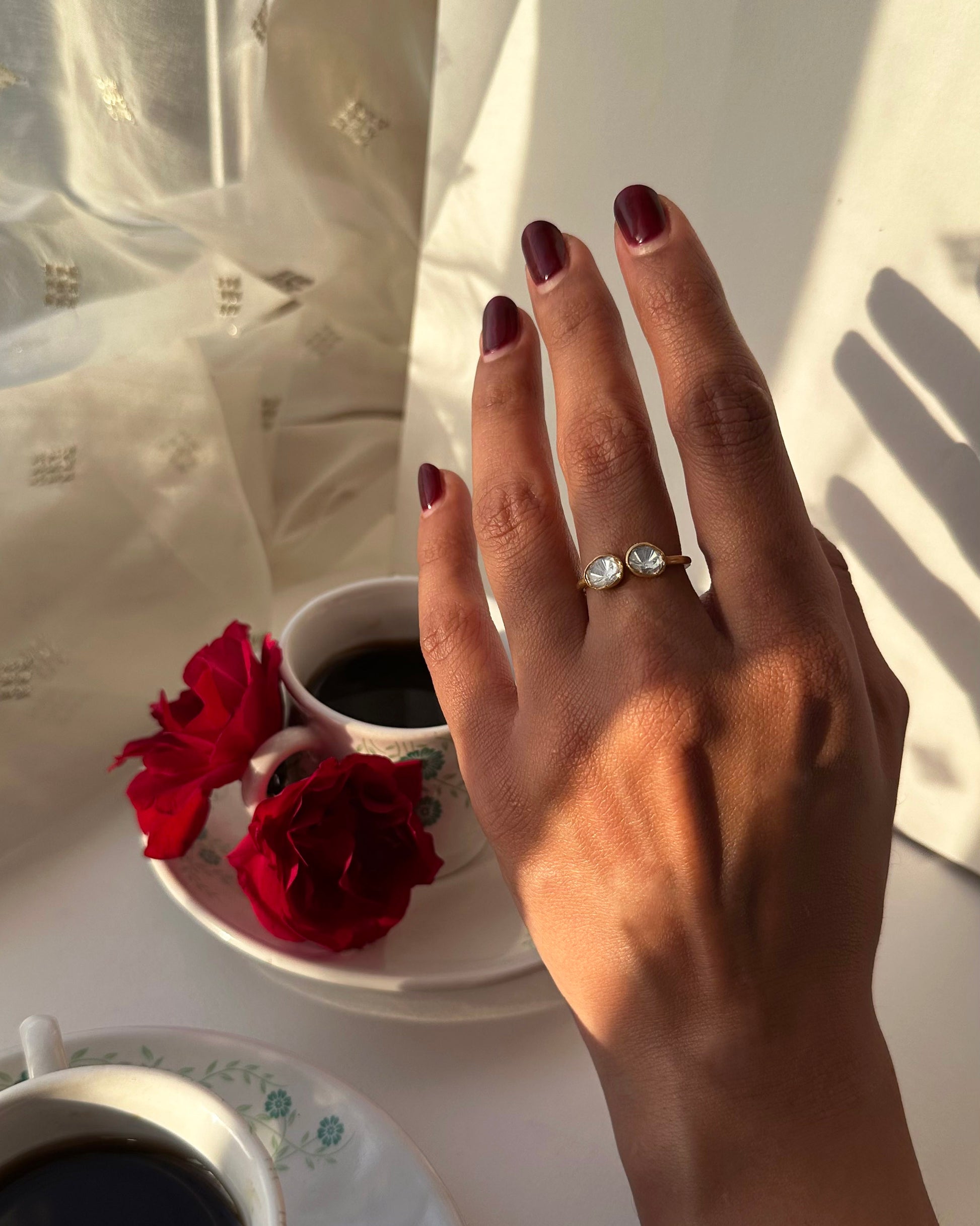 Nuvi Jewels 925 sterling silver gold plated ring with handcrafted moissanite polki detailing