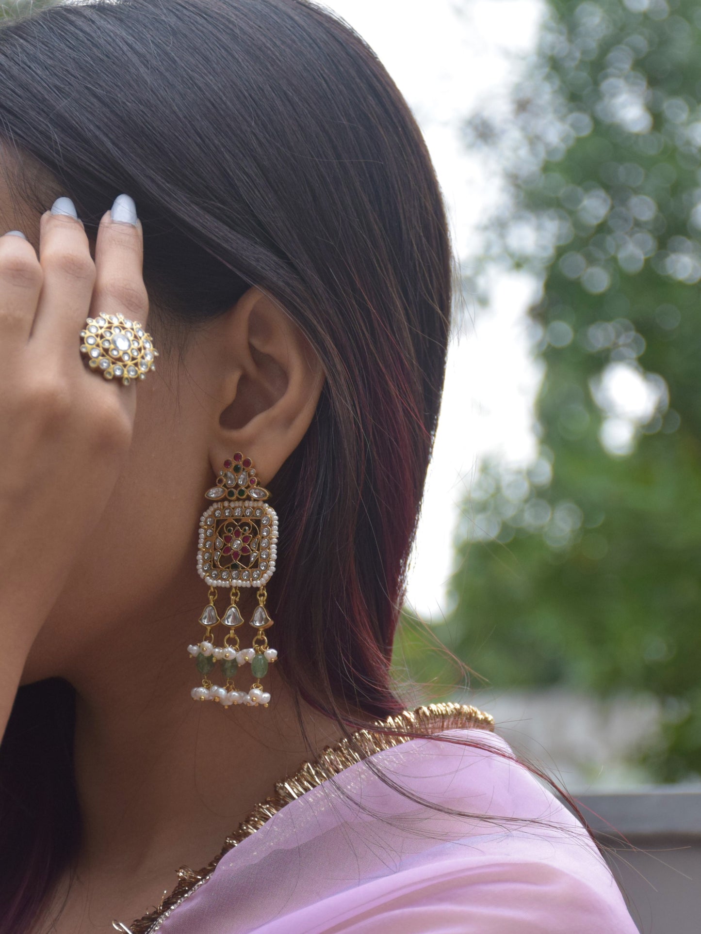 Nuvi Jewels Rani Jadau Earrings, gold-polished 925 silver with intricate stone detailing, lightweight and majestic, ideal for bridal, ethnic, and celebratory styling.