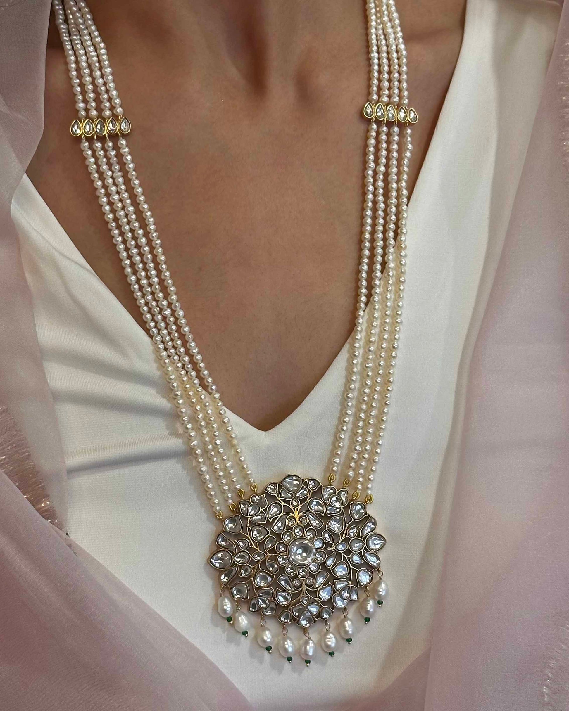 Nuvi Jewels statement Gulnaar necklace in 925 silver with gold plating, jadau centerpiece and pearl strands